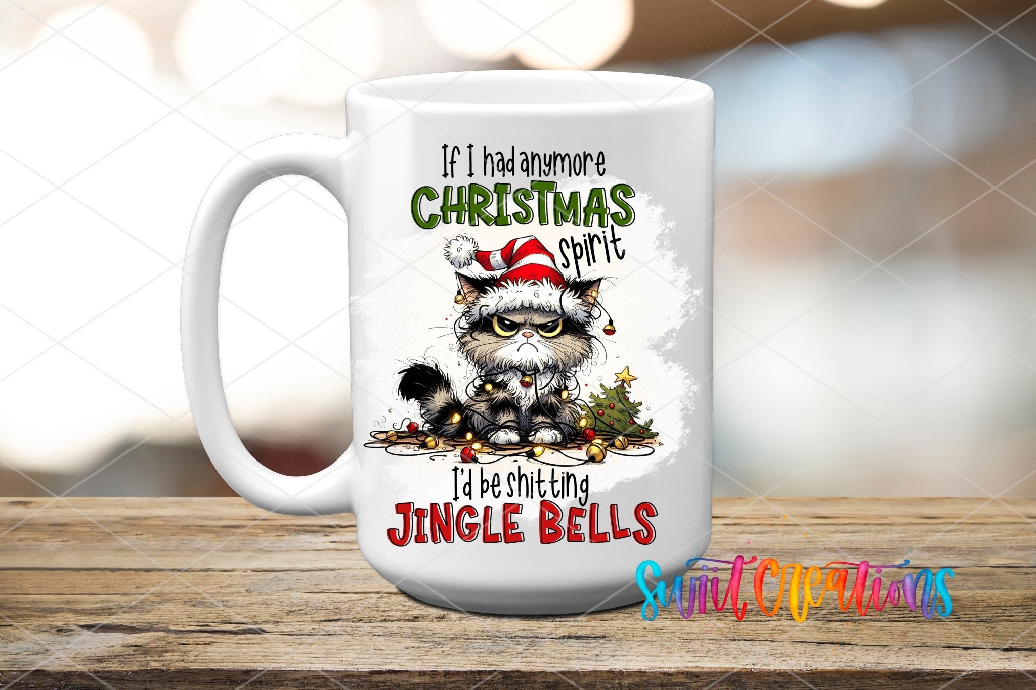 Swiit Creations UV DTF Christmas Spirit Jingle Bells Cat transfer applied to a white ceramic mug