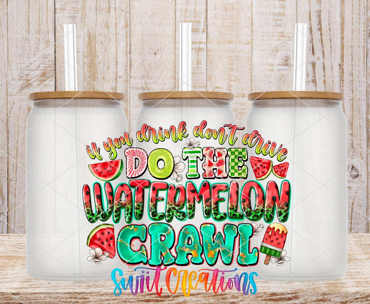Do the Watermelon Crawl pink and green letters UV DTF transfer on frosted glass cans with bamboo lids