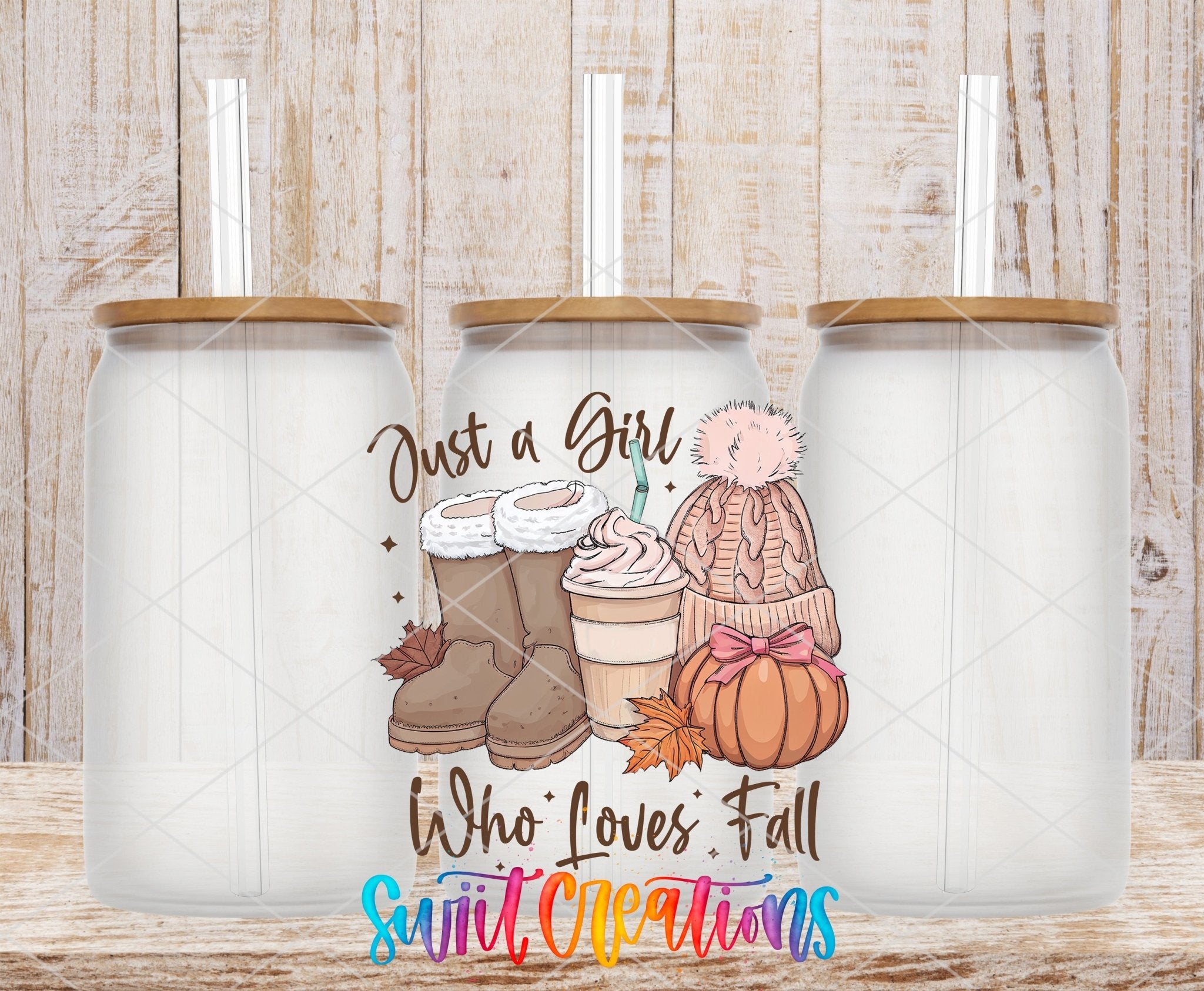 Just A Girl Who Loves Fall UV DTF transfer applied to a clear glass can set from Swiit Creations