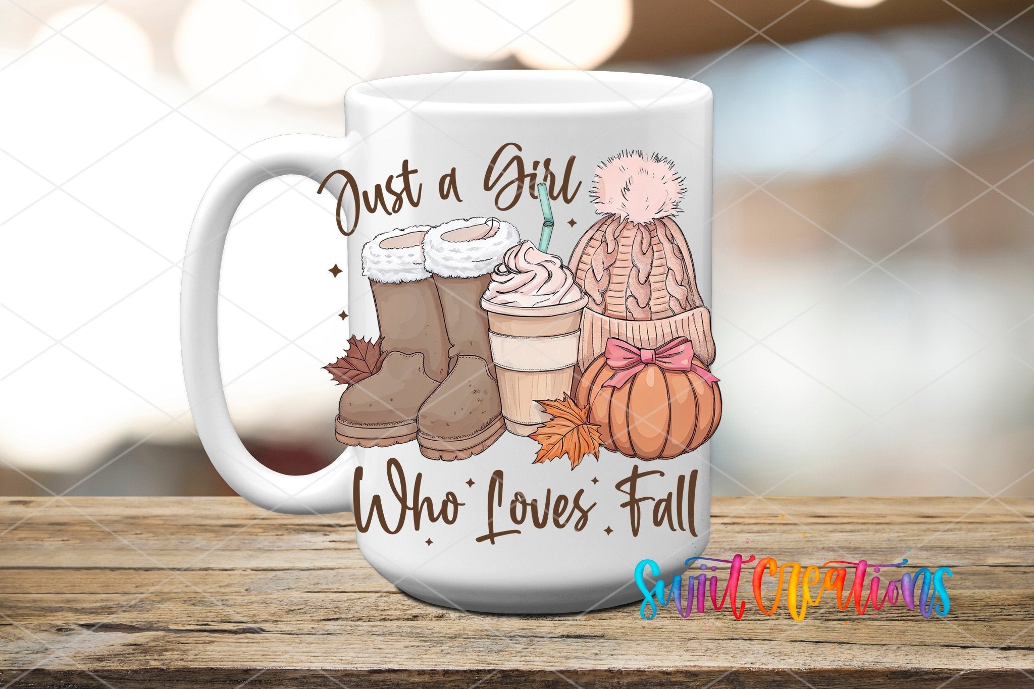 Just A Girl Who Loves Fall UV DTF transfer displayed on a white ceramic mug from Swiit Creations
