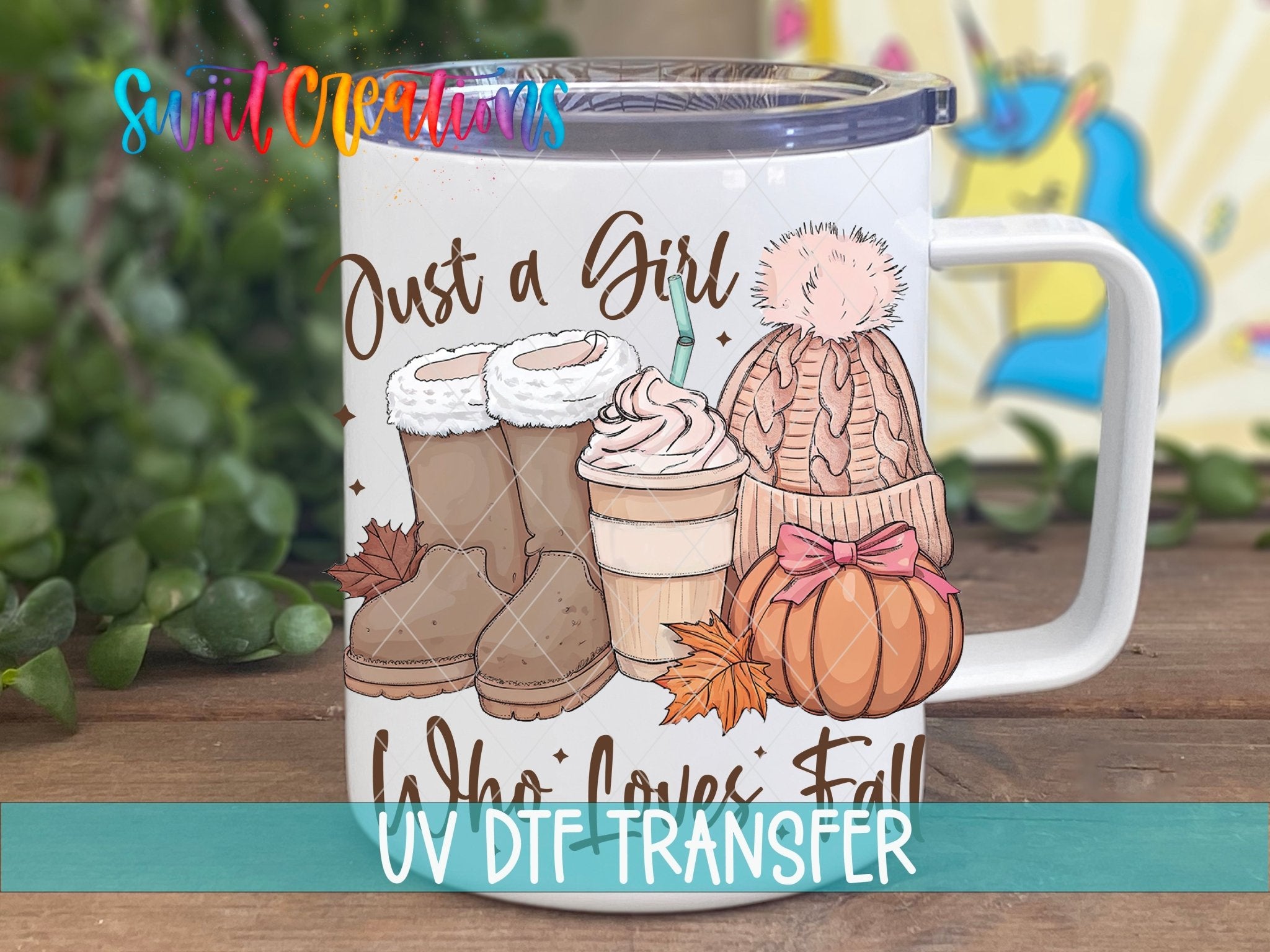 Just A Girl Who Loves Fall UV DTF transfer displayed on a white coffee mug from Swiit Creations