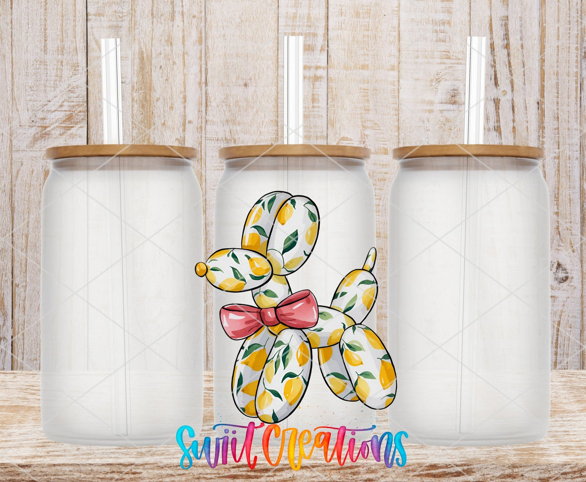 Balloon Dog lemons and pink bow UV DTF transfer on frosted glass cans with bamboo lids