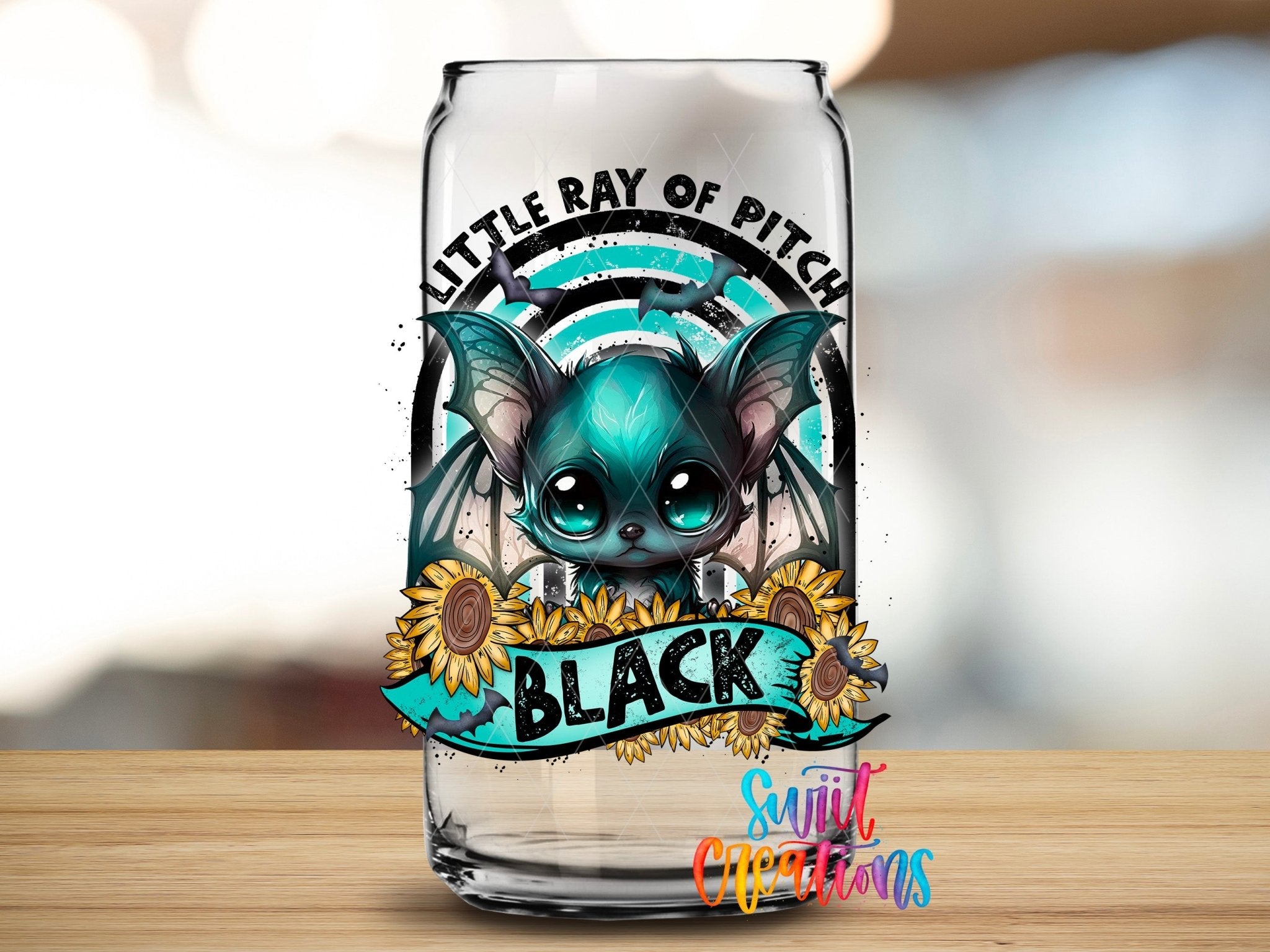 Little Ray of Pitch Black Cute Gothic Bat UV DTF transfer applied to a clear glass can from Swiit Creations