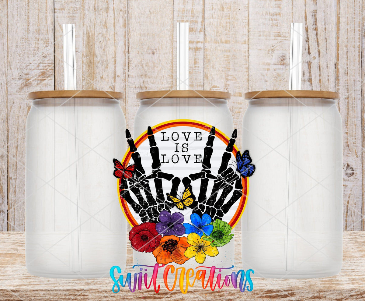 Love Is Love UV DTF transfer on frosted glass cans with bamboo lids