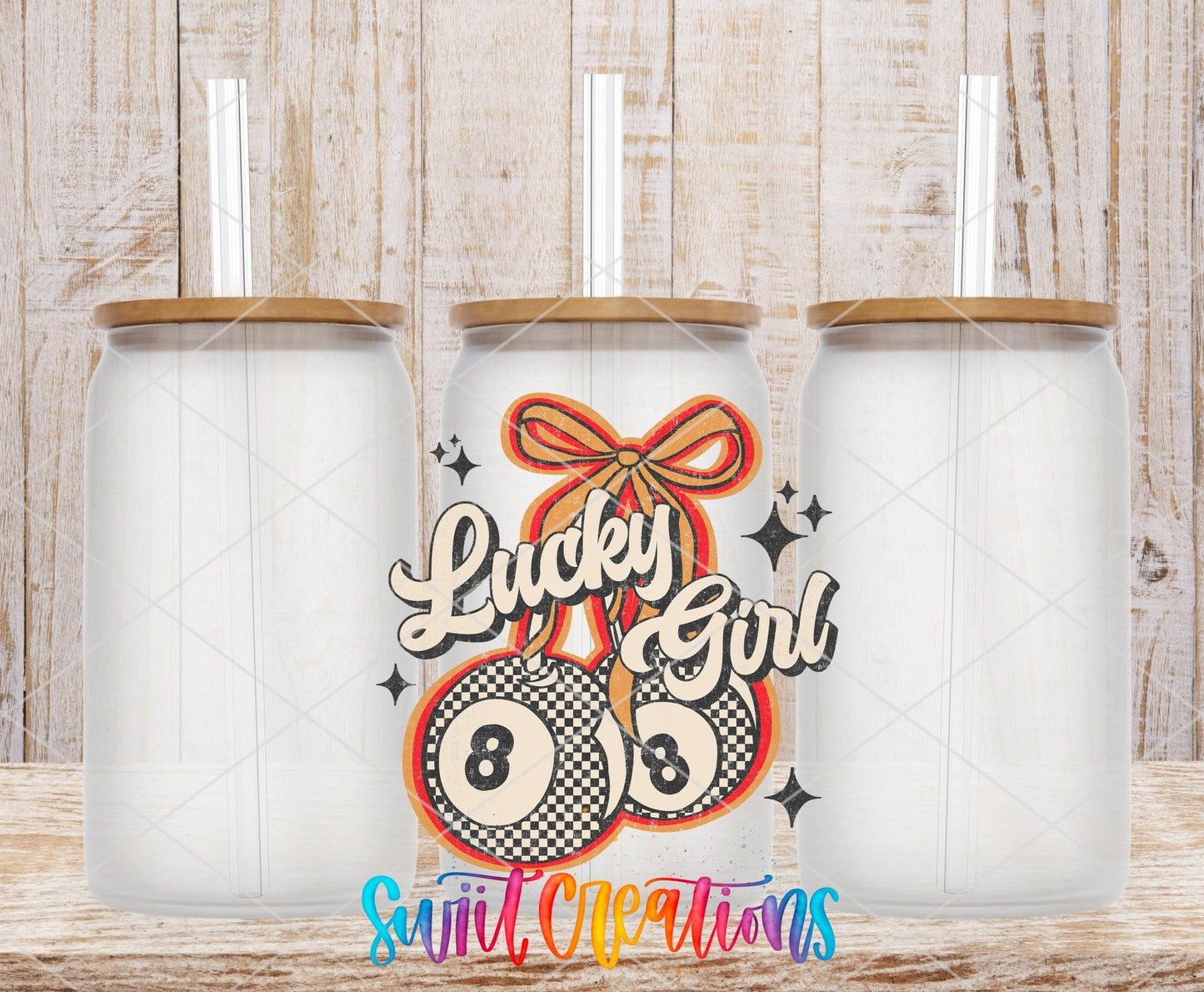 Lucky Girl UV DTF transfer applied to a clear glass can set from Swiit Creations