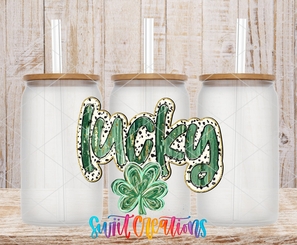Lucky UV DTF transfer on frosted glass cans with bamboo lids