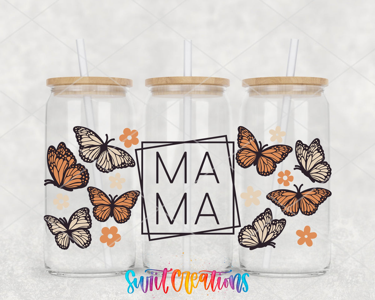Mama Butterfly UV DTF full wrap on three glass cans