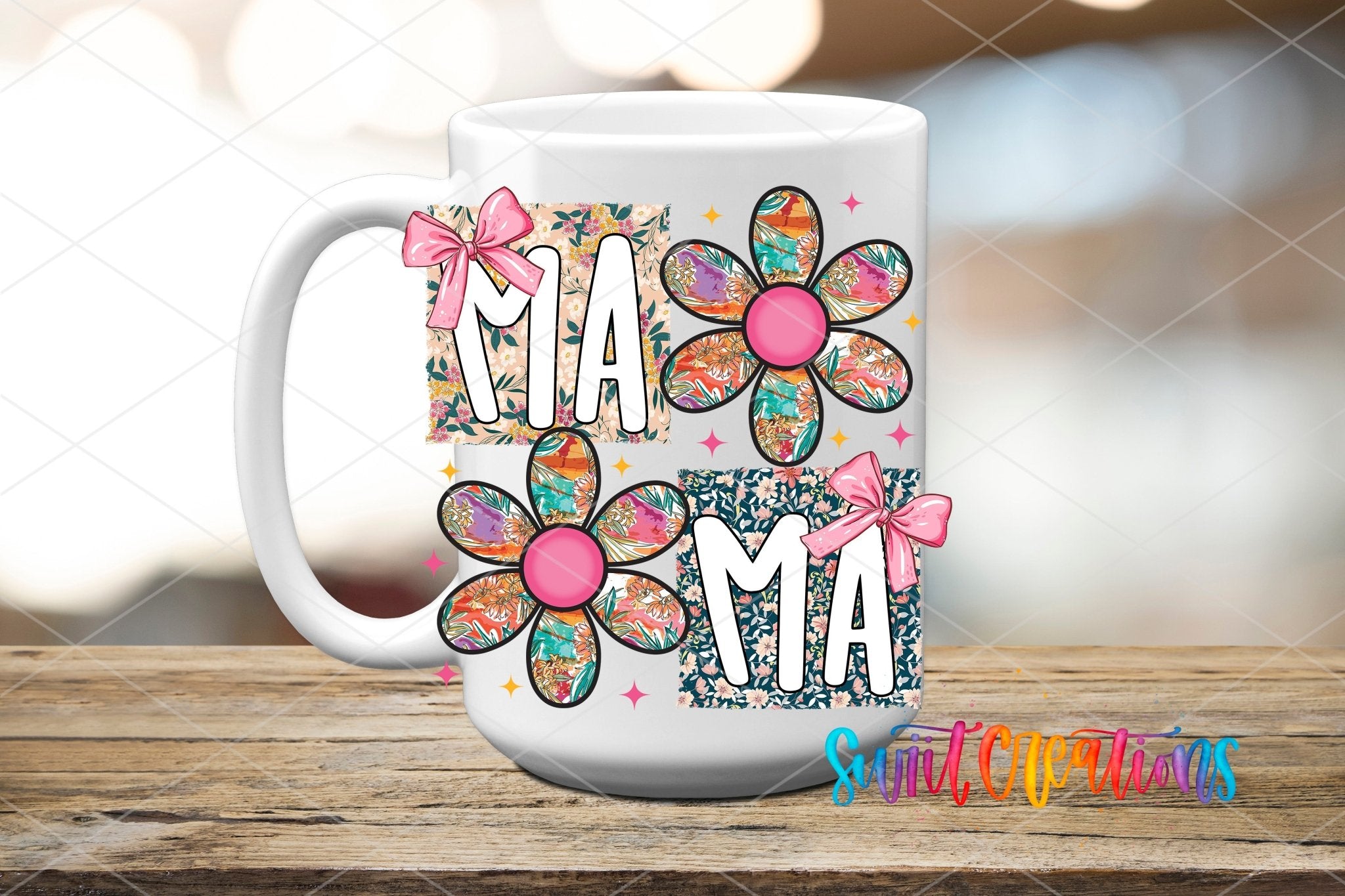 Mama Floral Patchwork Daisy UV DTF transfer displayed on a white ceramic mug from Swiit Creations