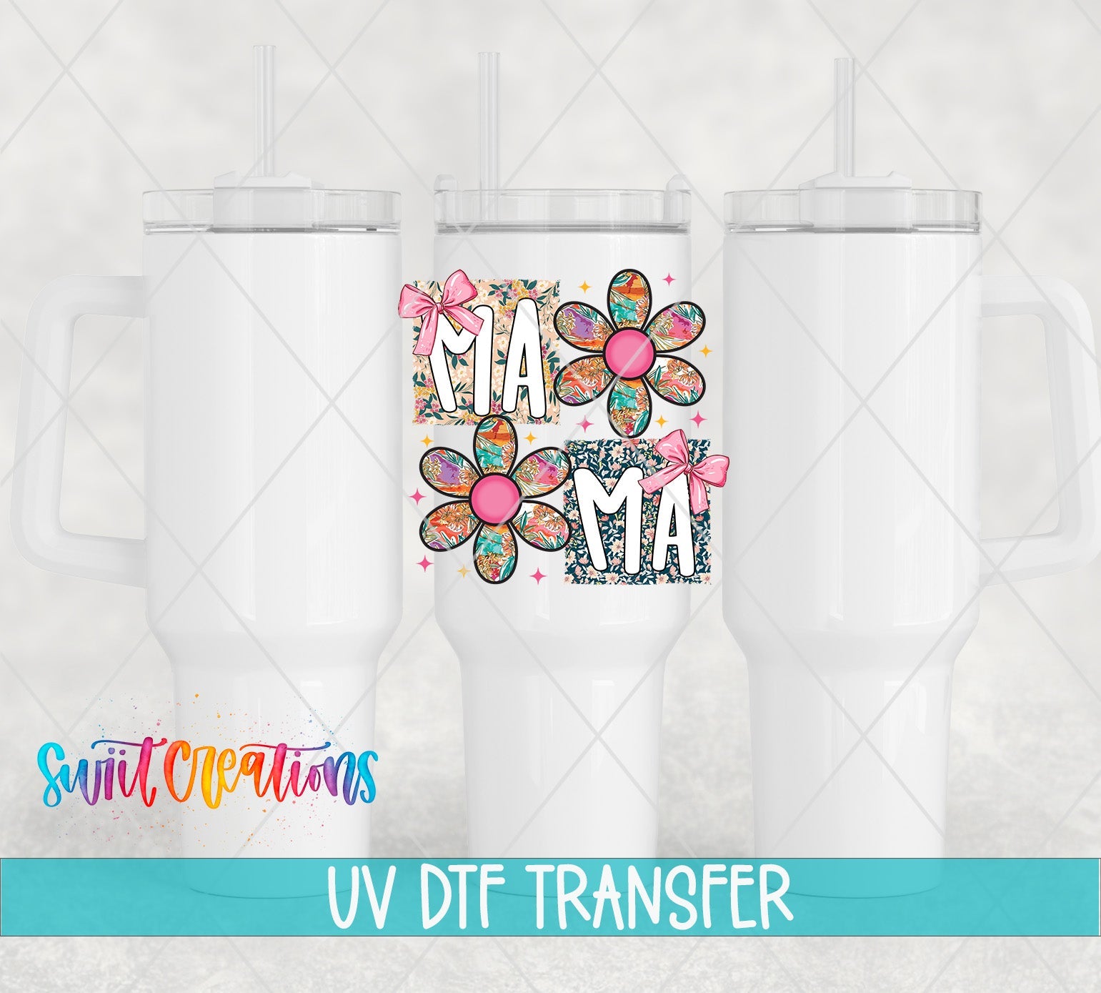 Mama Floral Patchwork Daisy UV DTF transfer applied to a white tumbler set from Swiit Creations