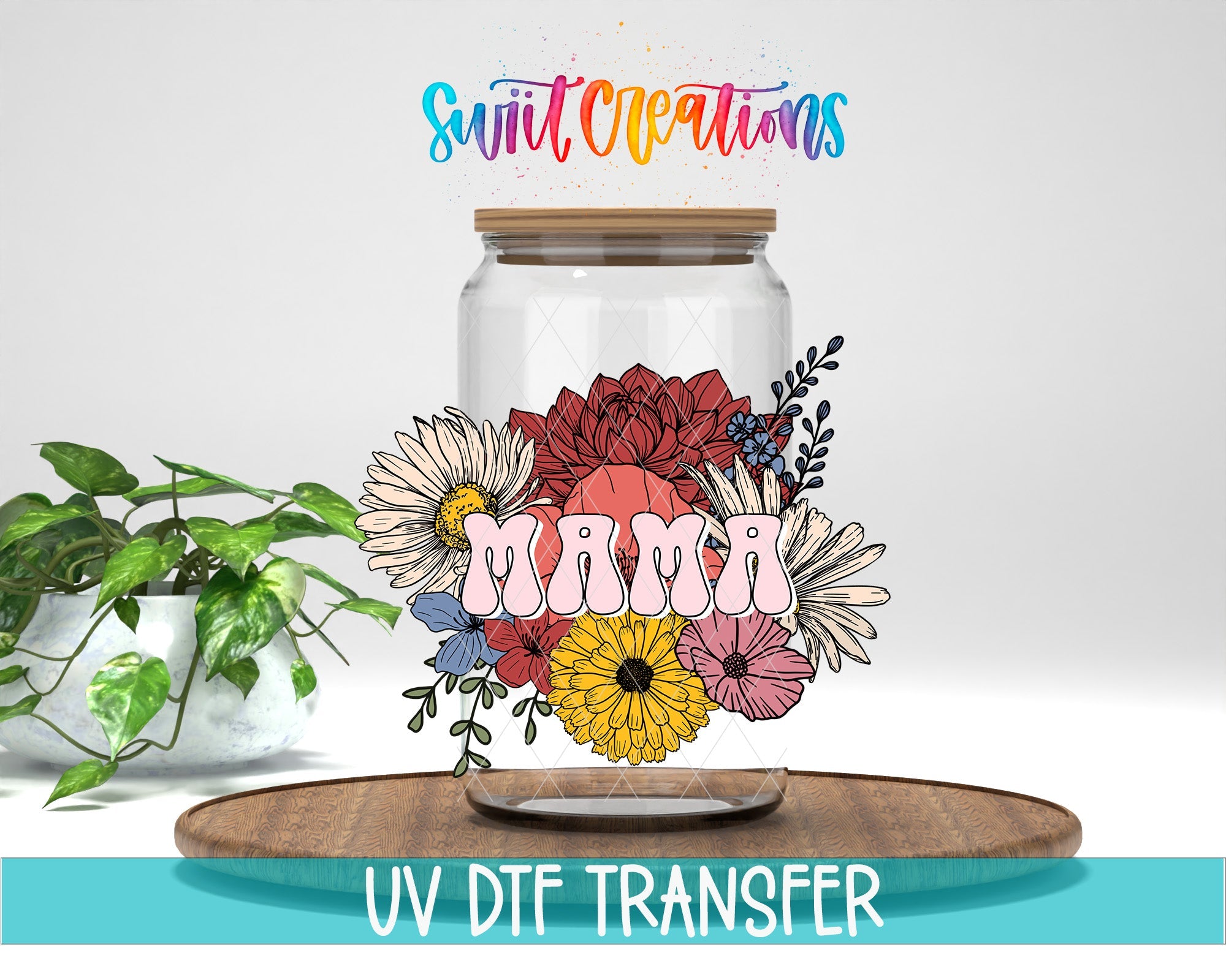 Mama Floral UV DTF Decal | Retro Flower Tumbler Wrap | Colorful Mama Glass Can Transfer | UV620 - Swiit Creations