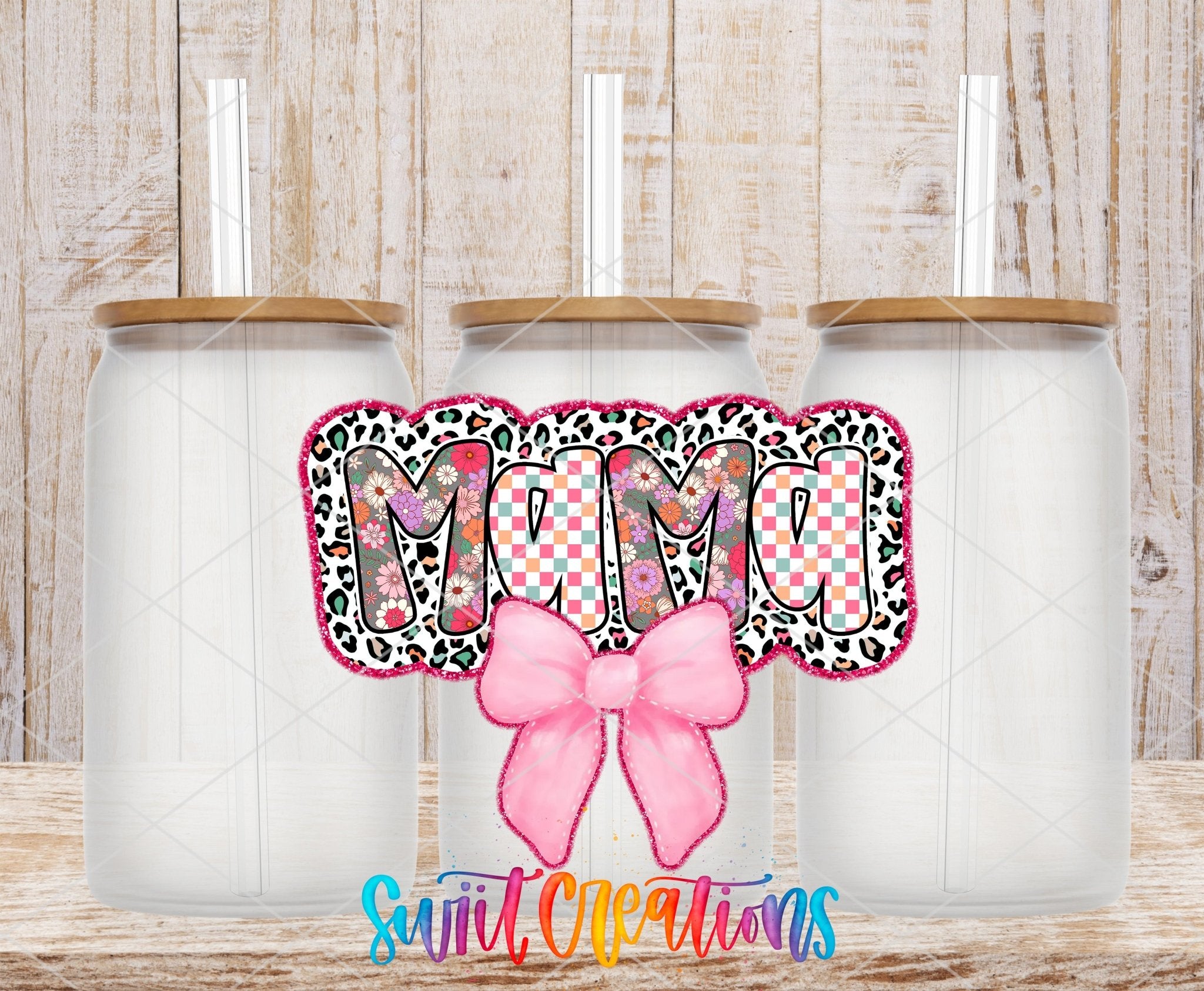 Mama UV DTF transfer applied to a clear glass can set from Swiit Creations