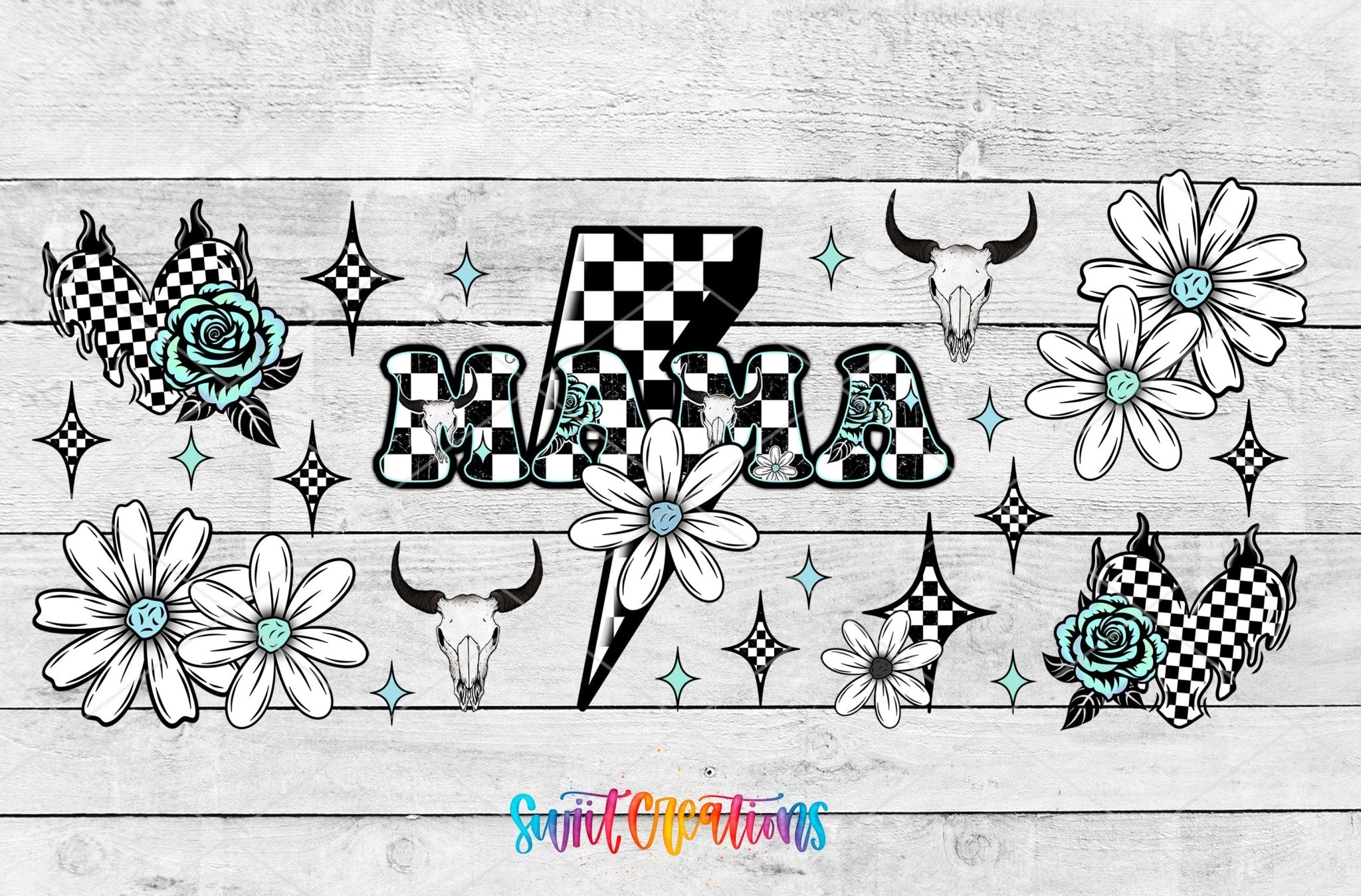 Mama UV DTF Transfer Tumbler Wrap Checkerboard Lightning Skull Floral | DTF319 - Swiit Creations
