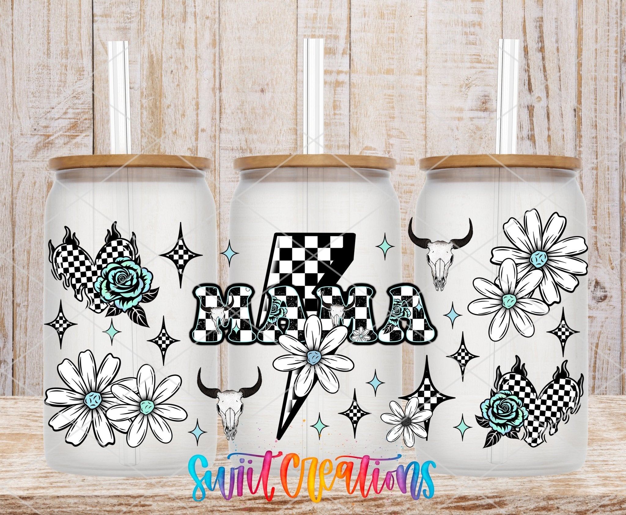 Mama UV DTF Transfer Tumbler Wrap Checkerboard Lightning Skull Floral | DTF319 - Swiit Creations