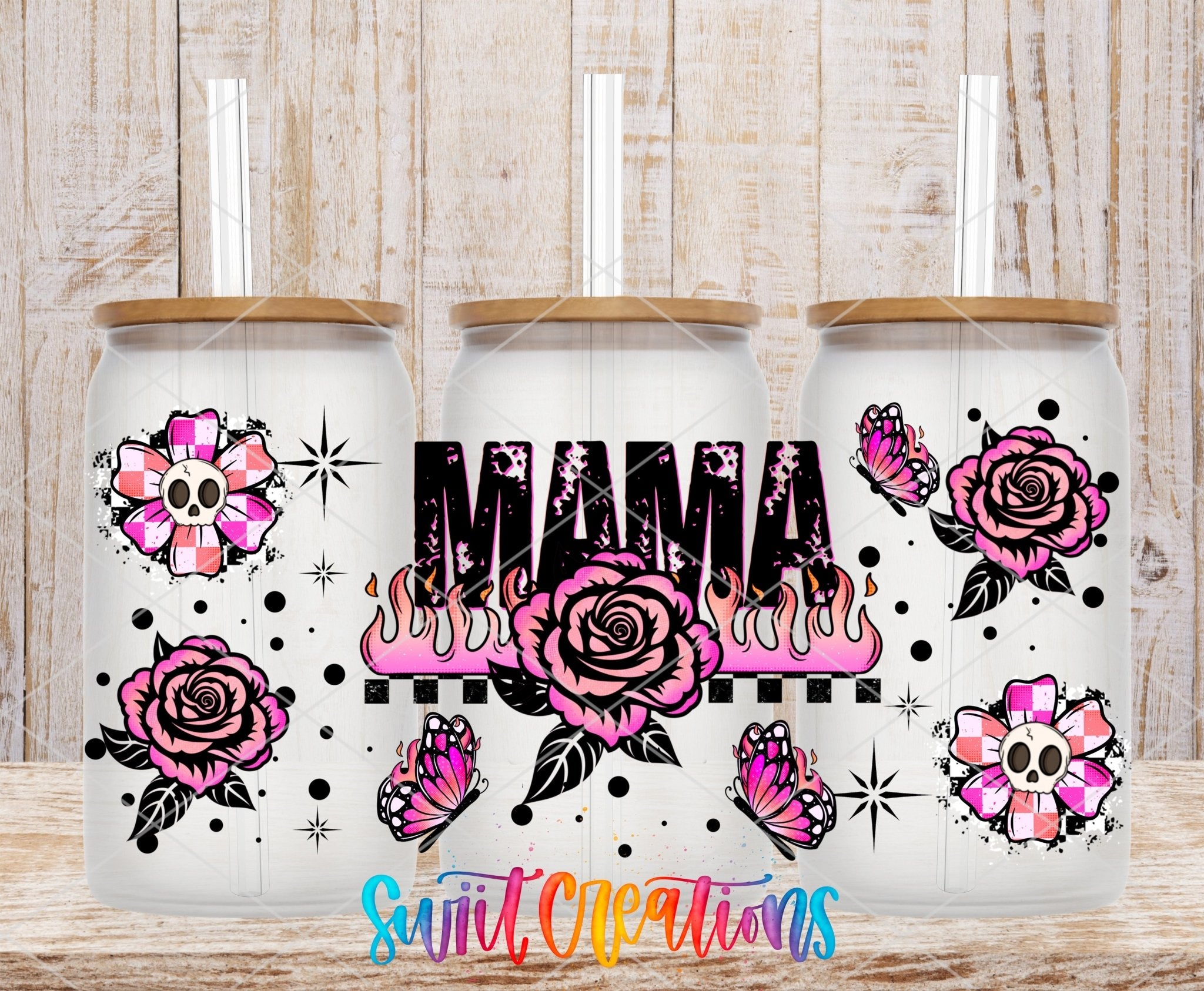 Mama UV DTF Transfer Tumbler Wrap Pink Rose Butterfly Skull Design | DTF317 - Swiit Creations
