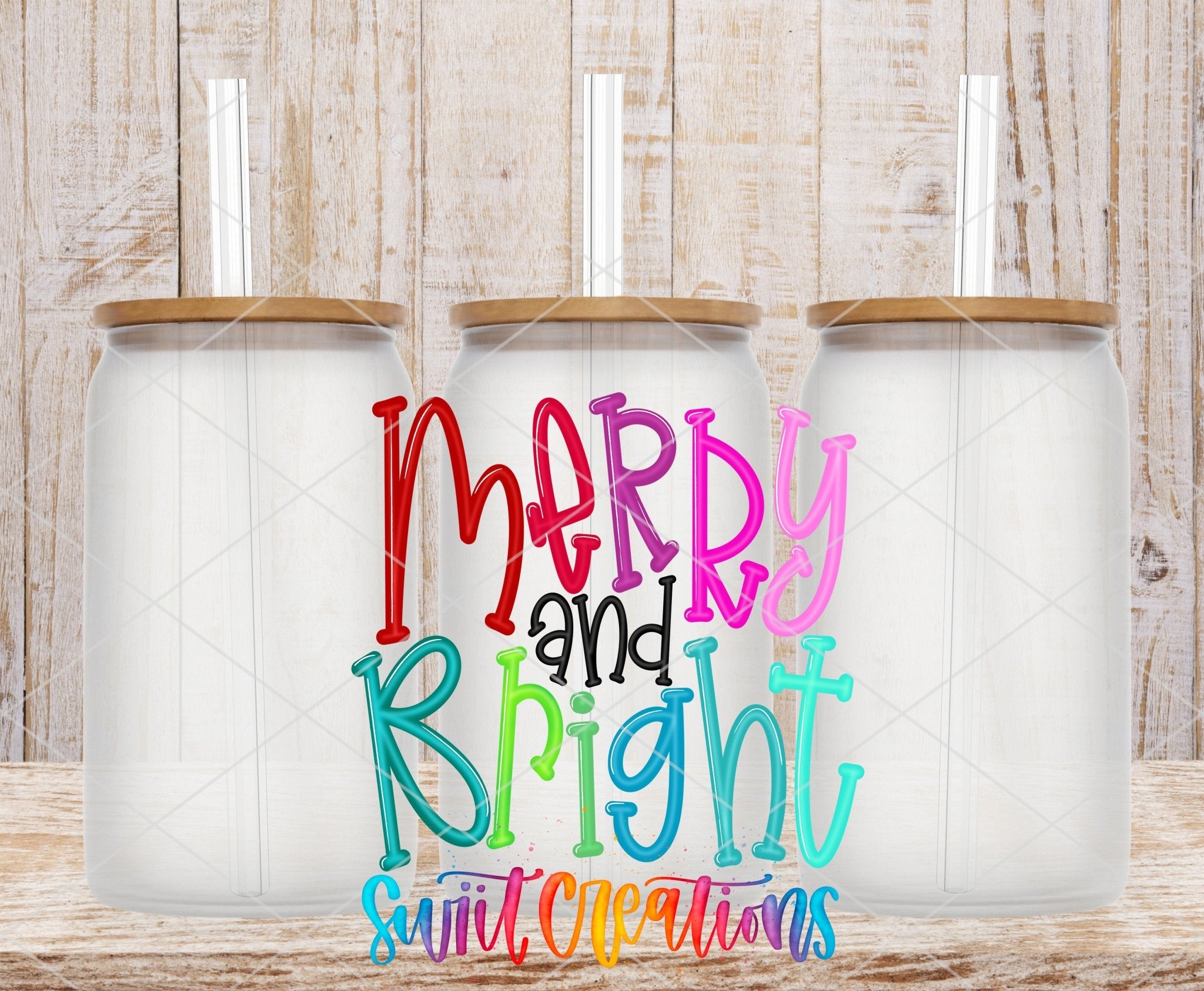 Swiit Creations UV DTF Merry And Bright Christmas transfer shown on a clear glass can set