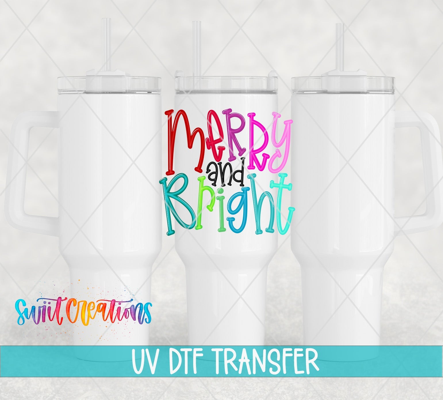 Swiit Creations UV DTF Merry And Bright Christmas transfer shown on a white tumbler set