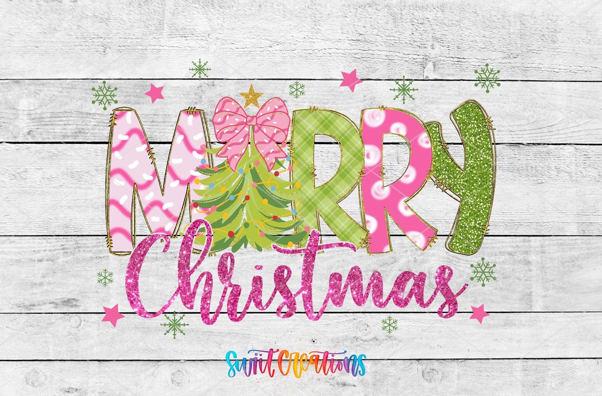 Merry Christmas Pink Green Tree UV DTF Transfer Tumbler Wrap | DTF245 - Swiit Creations