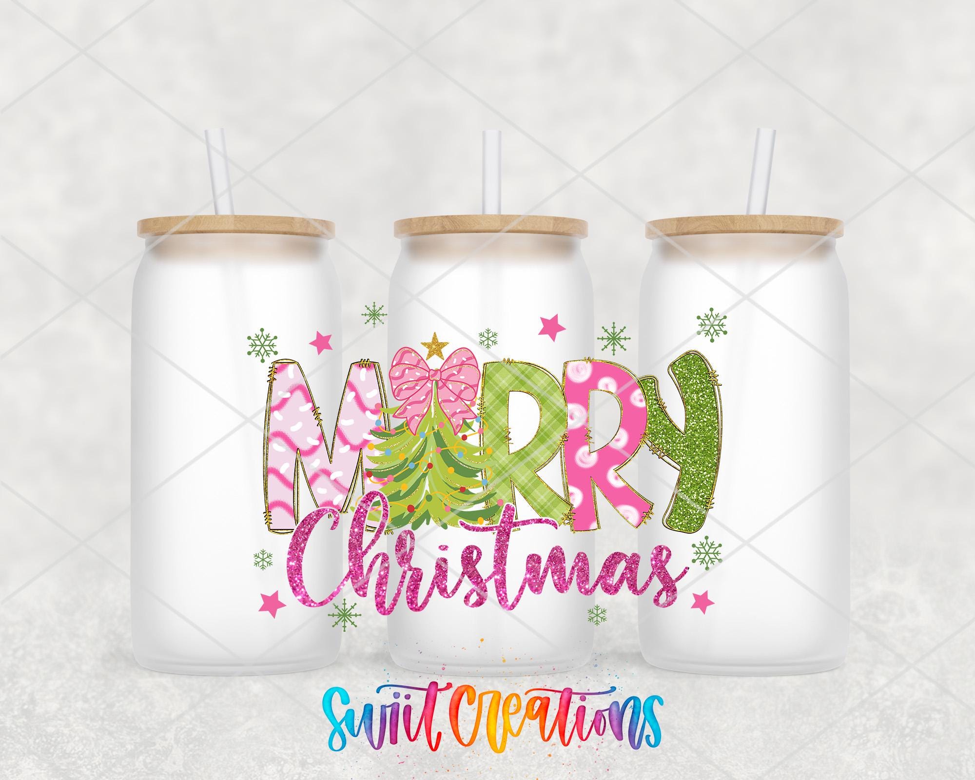 Merry Christmas Pink Green Tree UV DTF Transfer Tumbler Wrap | DTF245 - Swiit Creations