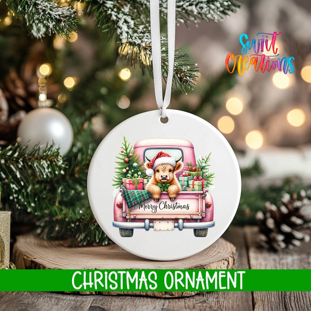 Merry Christmas Pink Truck Ornament | Highland Cow Holiday Ornament | Vintage Farmhouse Christmas Décor | O1735 - Swiit Creations