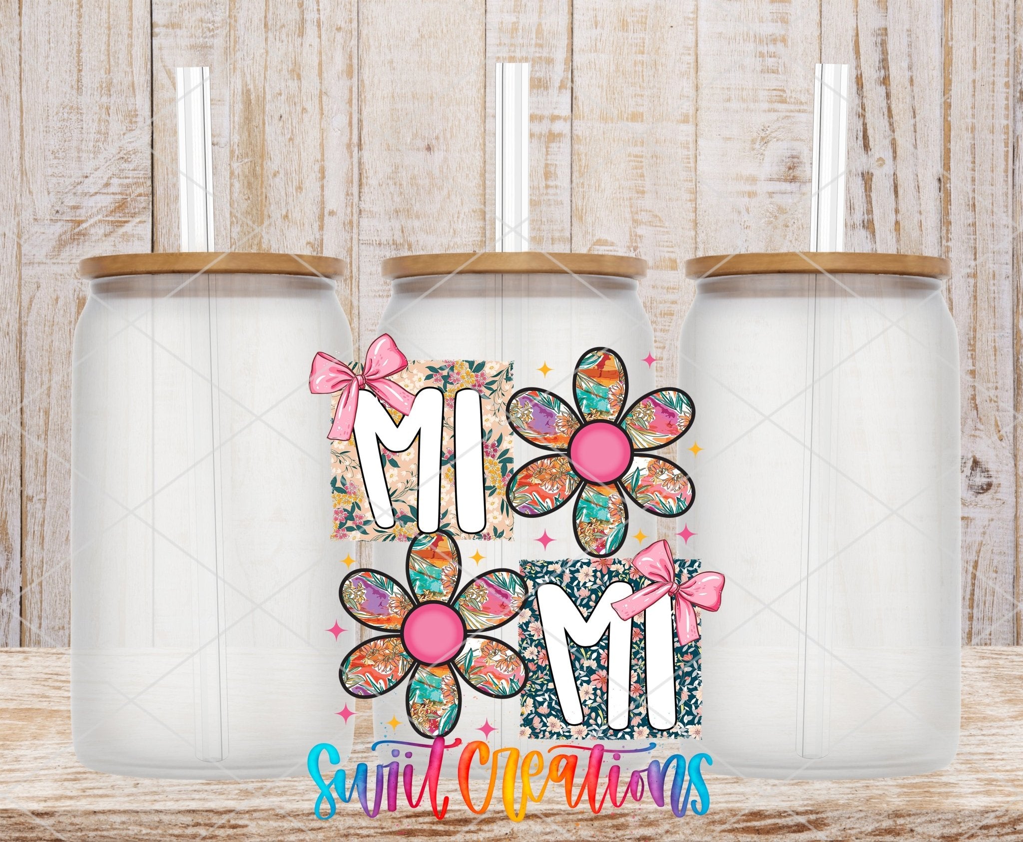 Mimi Floral Patchwork Daisy UV DTF transfer applied to a clear glass can set from Swiit Creations