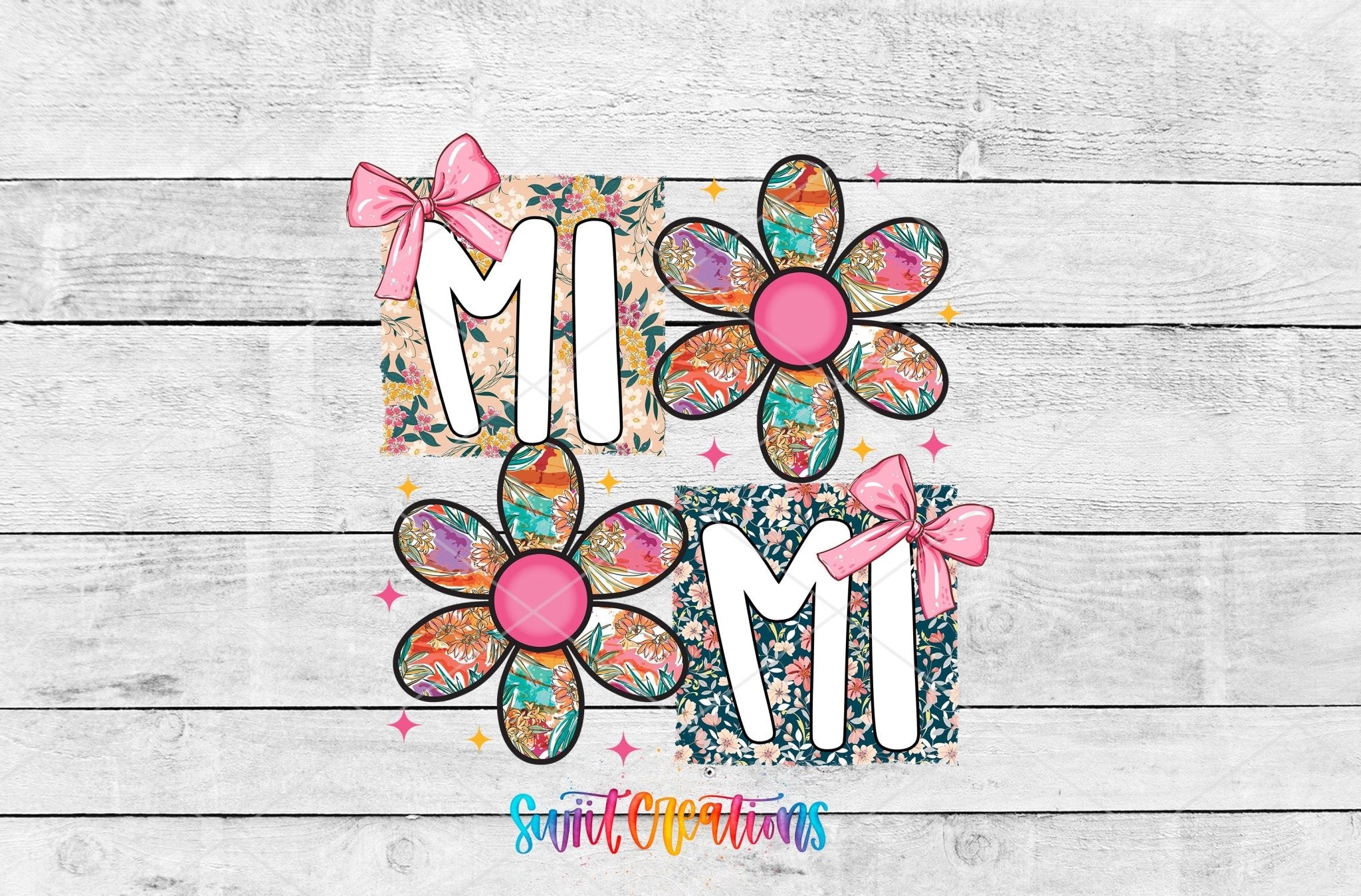 Mimi Floral Patchwork Daisy UV DTF transfer shown as a full artwork preview from Swiit Creations