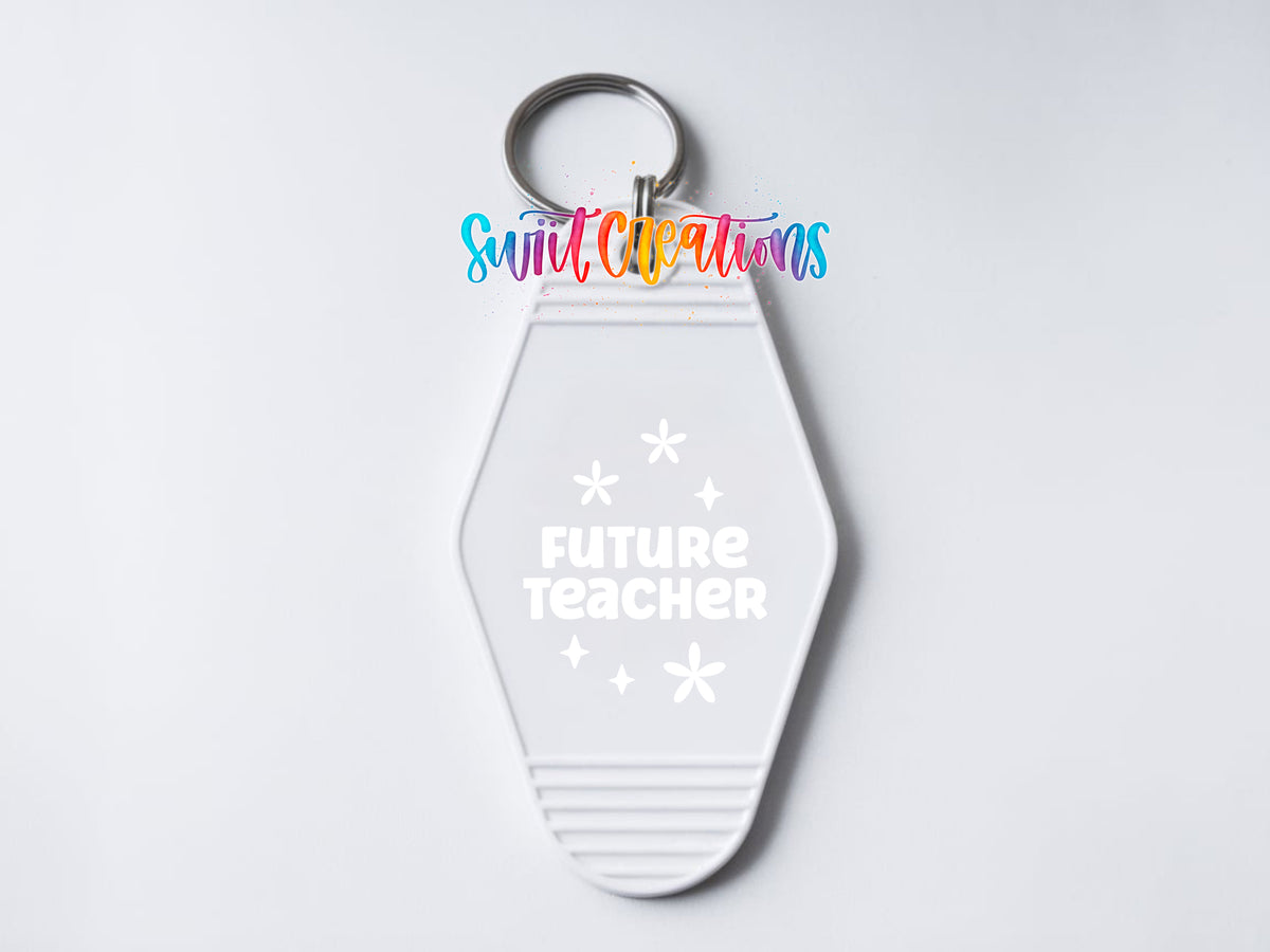 Future Teacher motel keychain UV DTF transfer clean keychain mockup by Swiit Creations