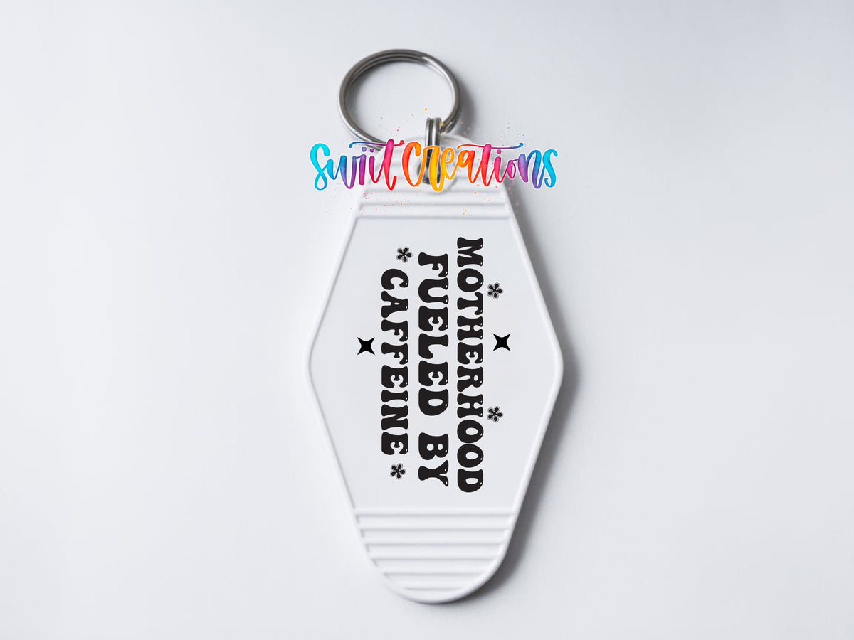 Motherhood Fueled by Caffeine motel keychain UV DTF transfer clean keychain mockup by Swiit Creations