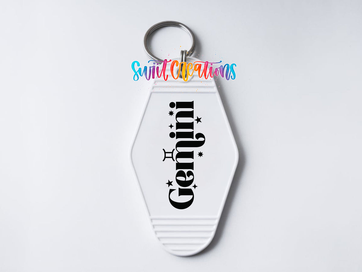 Gemini motel keychain UV DTF transfer clean keychain mockup by Swiit Creations