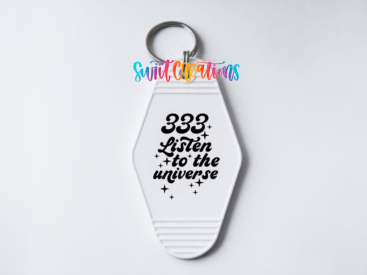 333 Listen to the Universe motel keychain UV DTF transfer clean keychain mockup by Swiit Creations