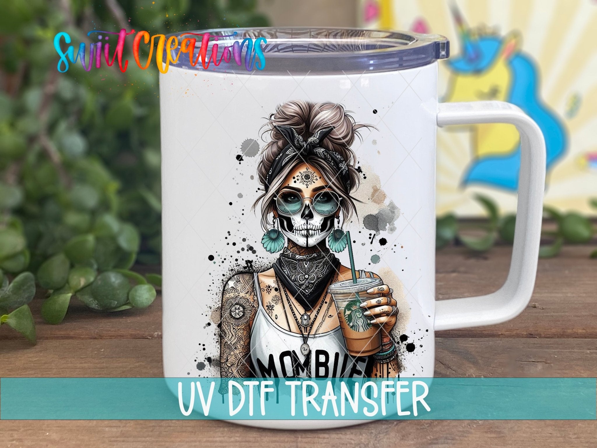 Swiit Creations UV DTF Mombie Skeleton Mom Coffee transfer displayed on a white coffee mug