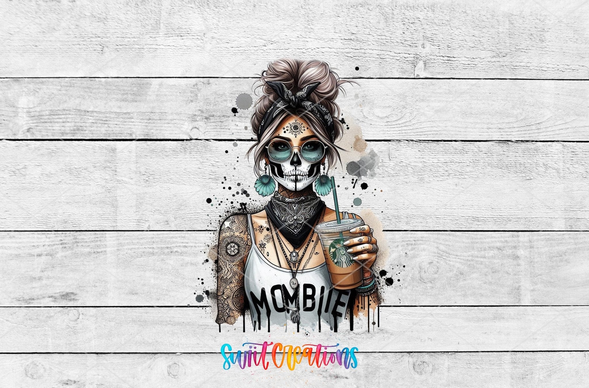 Swiit Creations UV DTF Mombie Skeleton Mom Coffee transfer shown as the full artwork preview