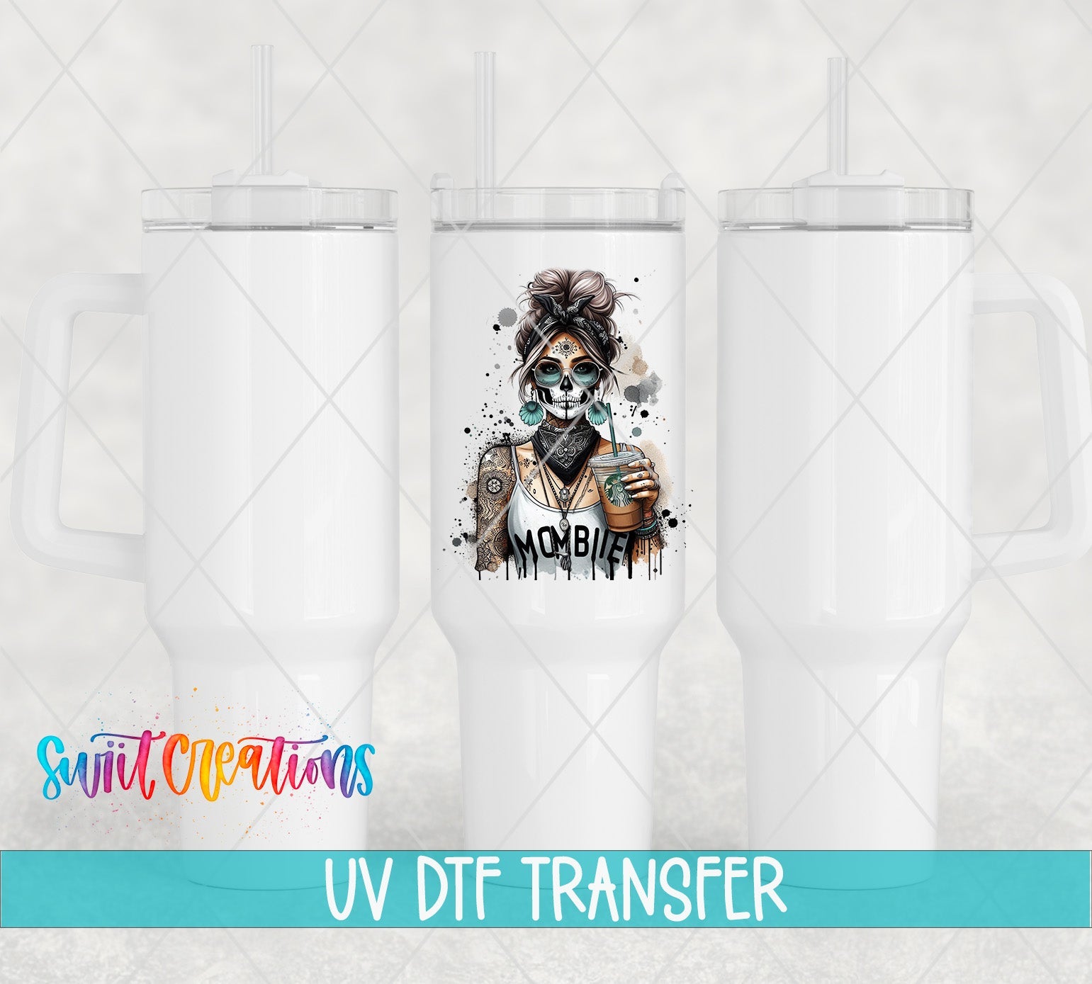 Swiit Creations UV DTF Mombie Skeleton Mom Coffee transfer shown on a white tumbler set