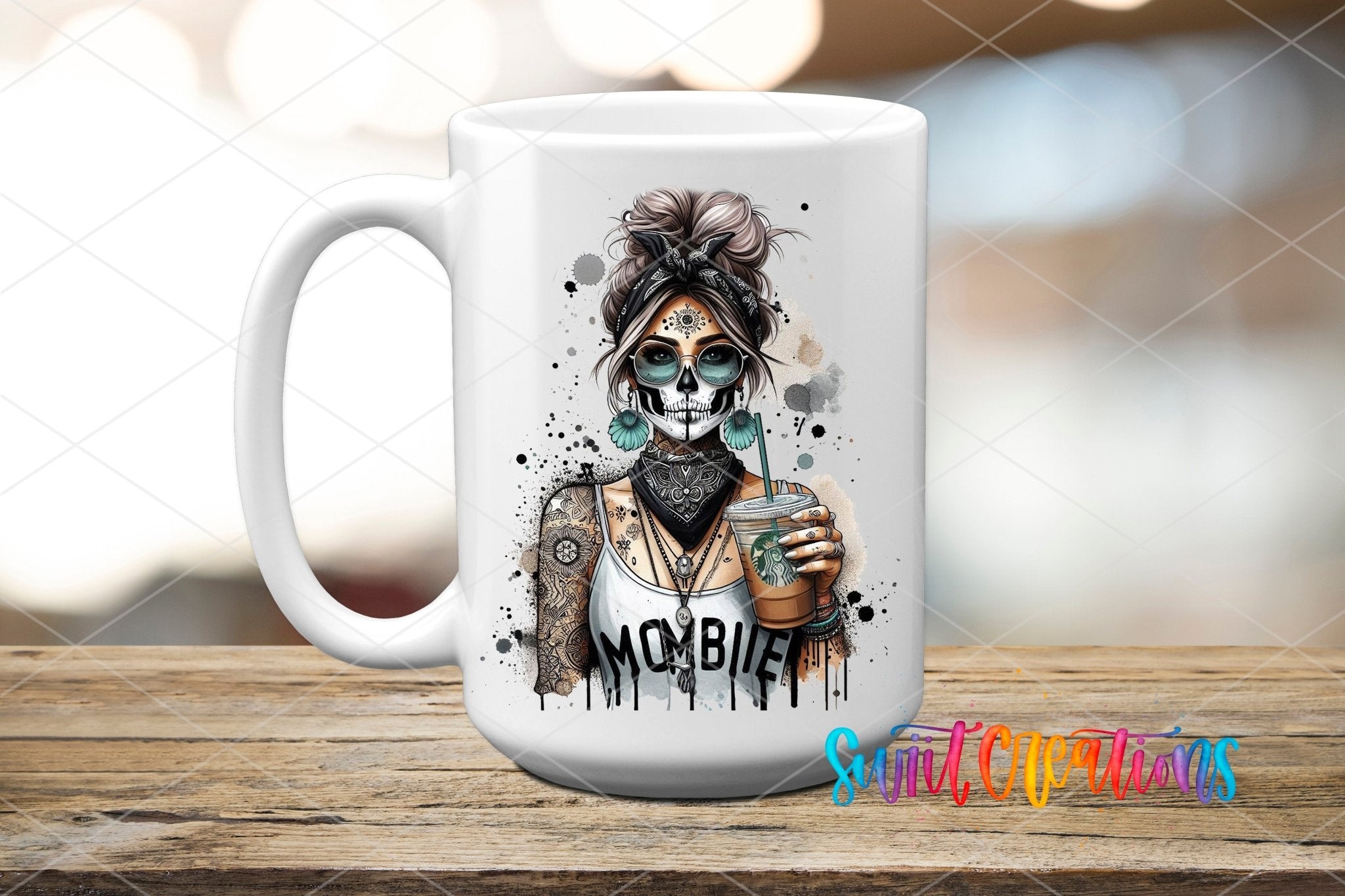 Swiit Creations UV DTF Mombie Skeleton Mom Coffee transfer applied to a white ceramic mug