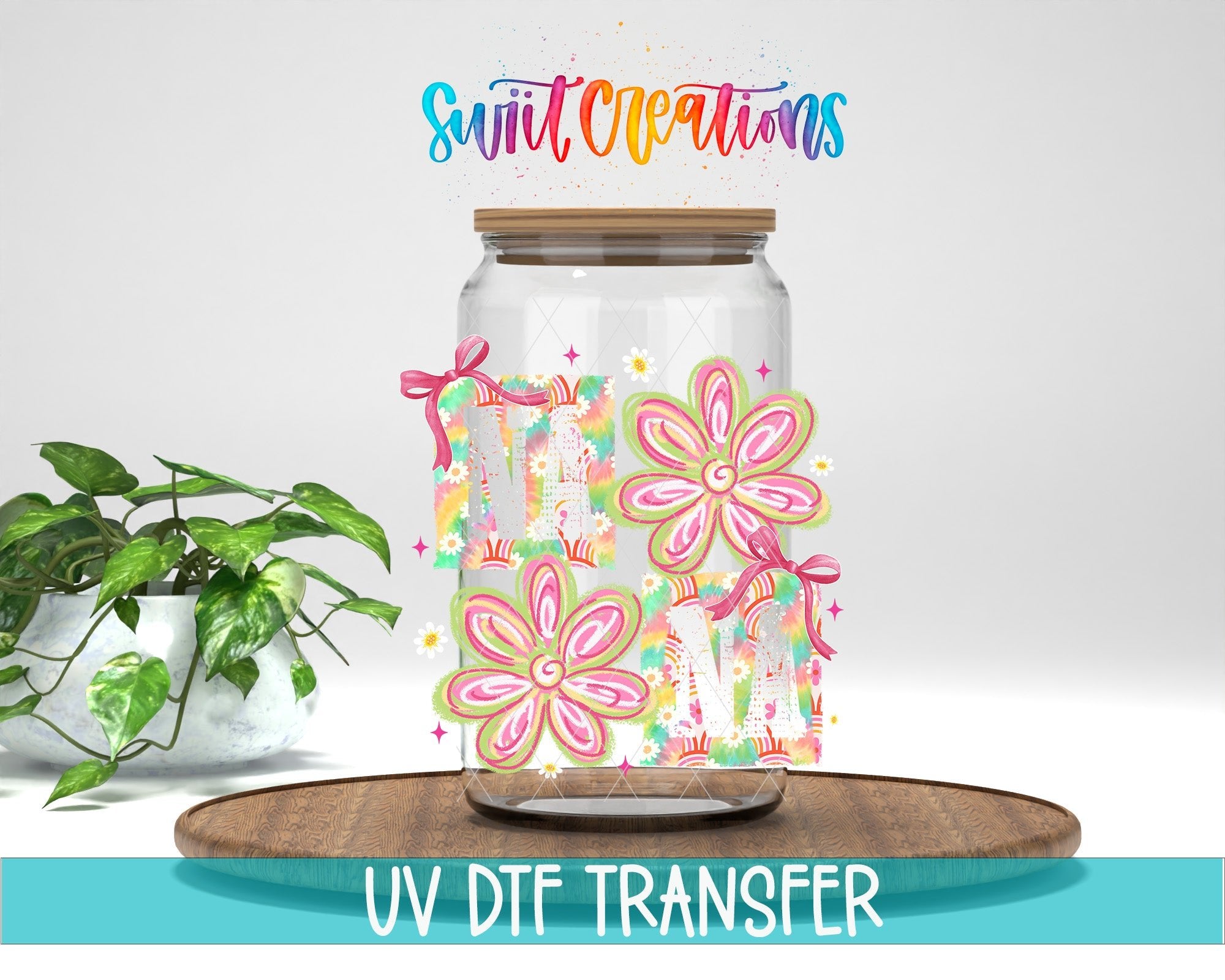 Nana Boho Rainbow Floral UV DTF transfer displayed on a clear jar mockup from Swiit Creations