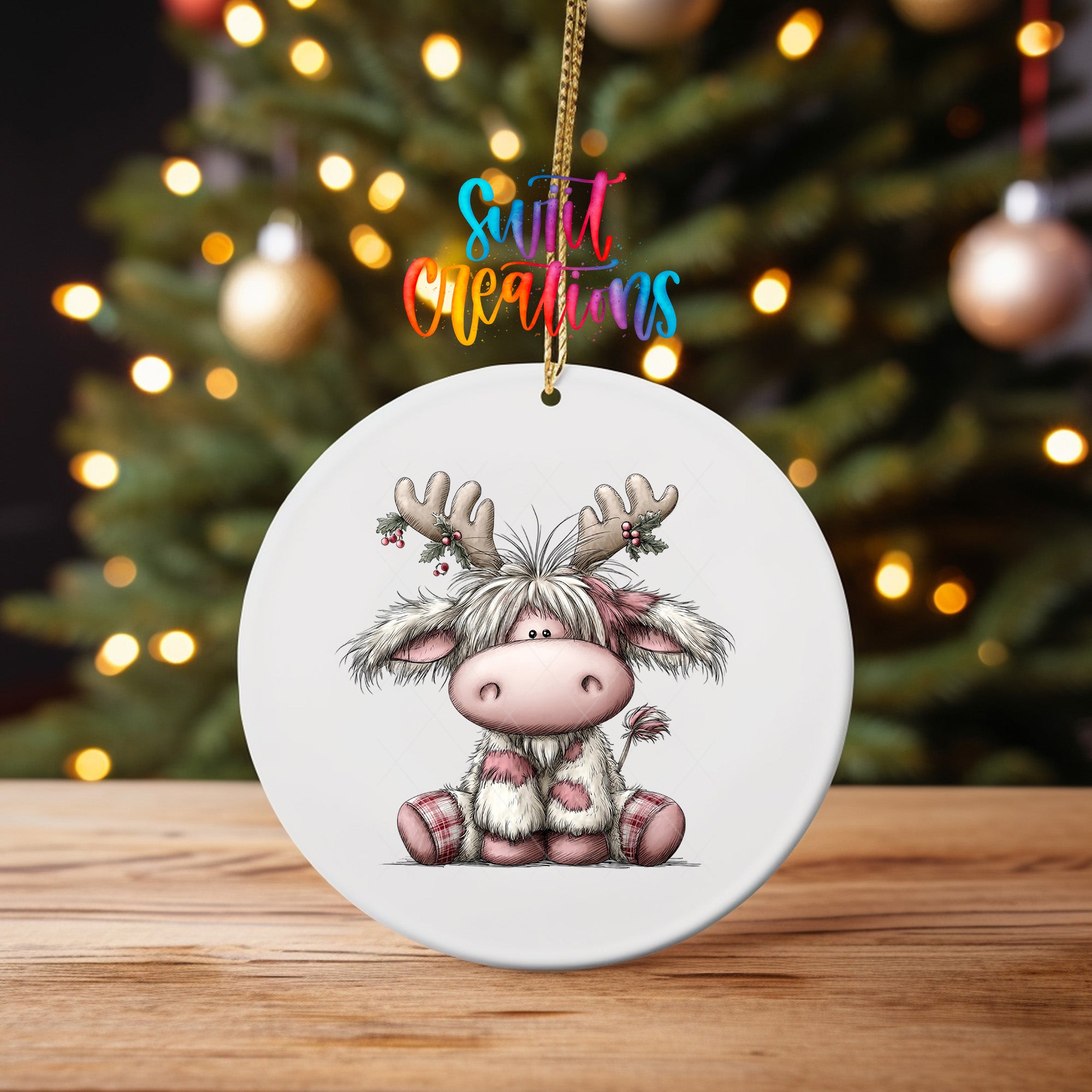 Rustic Christmas Highland cow UV DTF ornament design