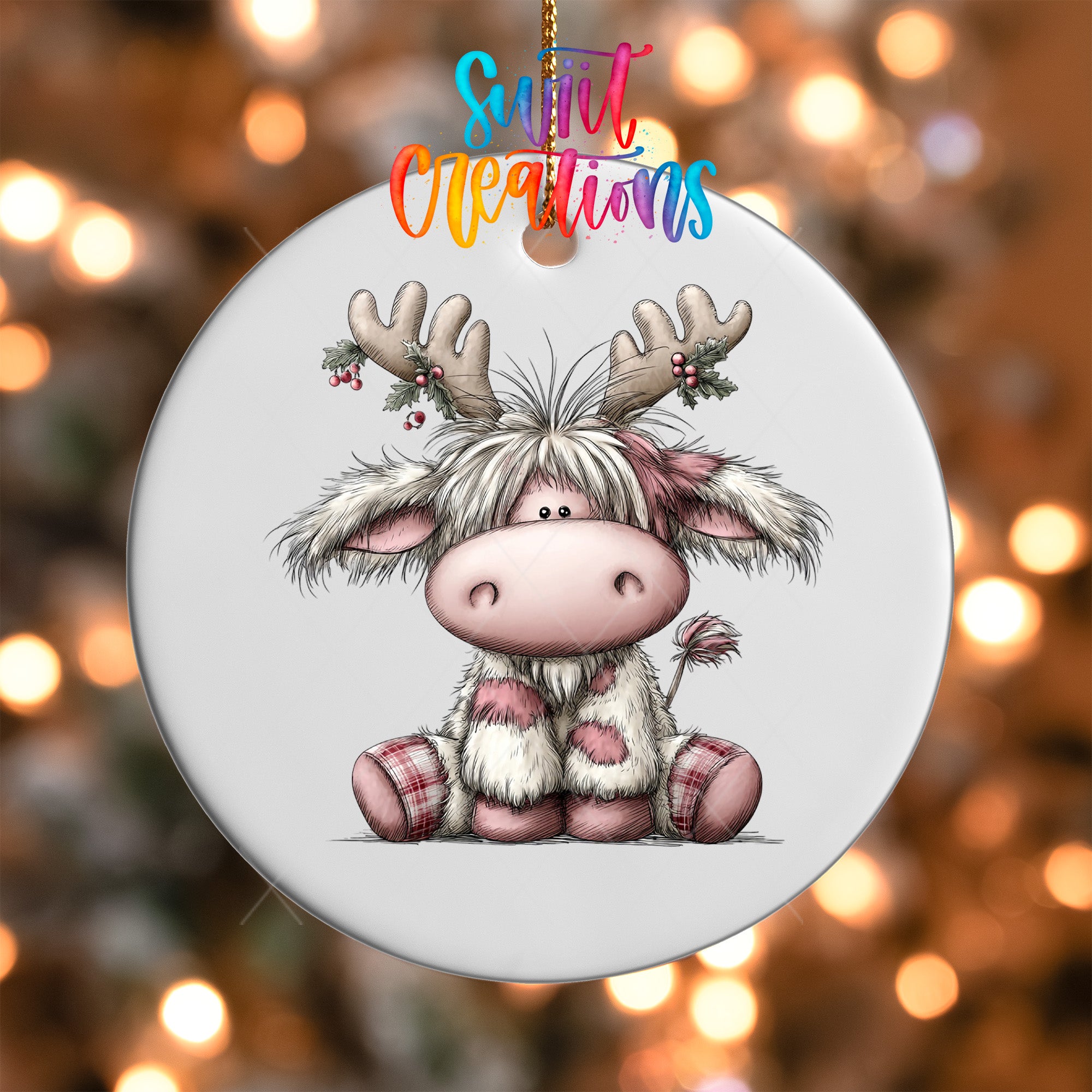 Festive pink Highland cow transfer with plaid accents and red berries