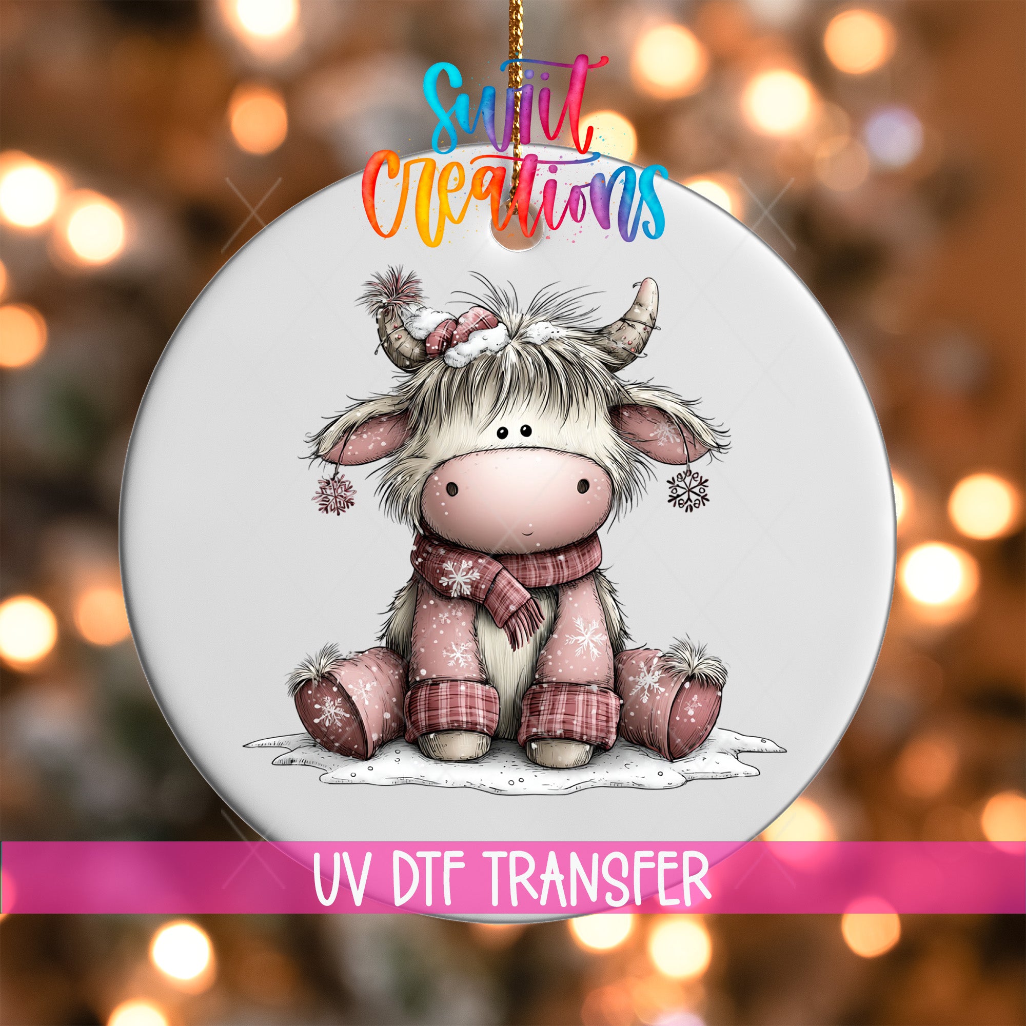 Cozy Christmas Highland cow UV DTF ornament transfer with pink scarf and snowflakes