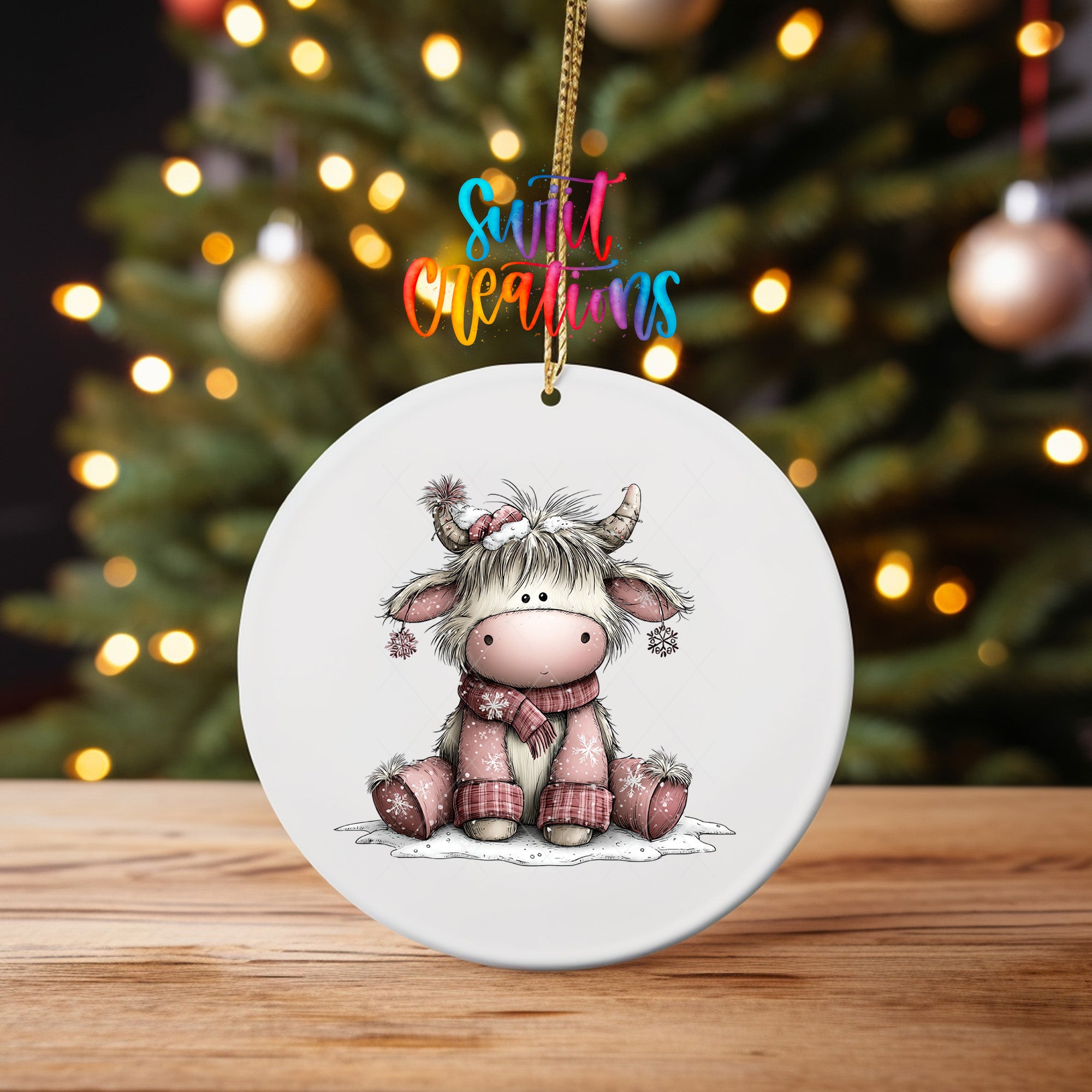 Festive Highland cow UV DTF ornament transfer with scarf and Santa hat