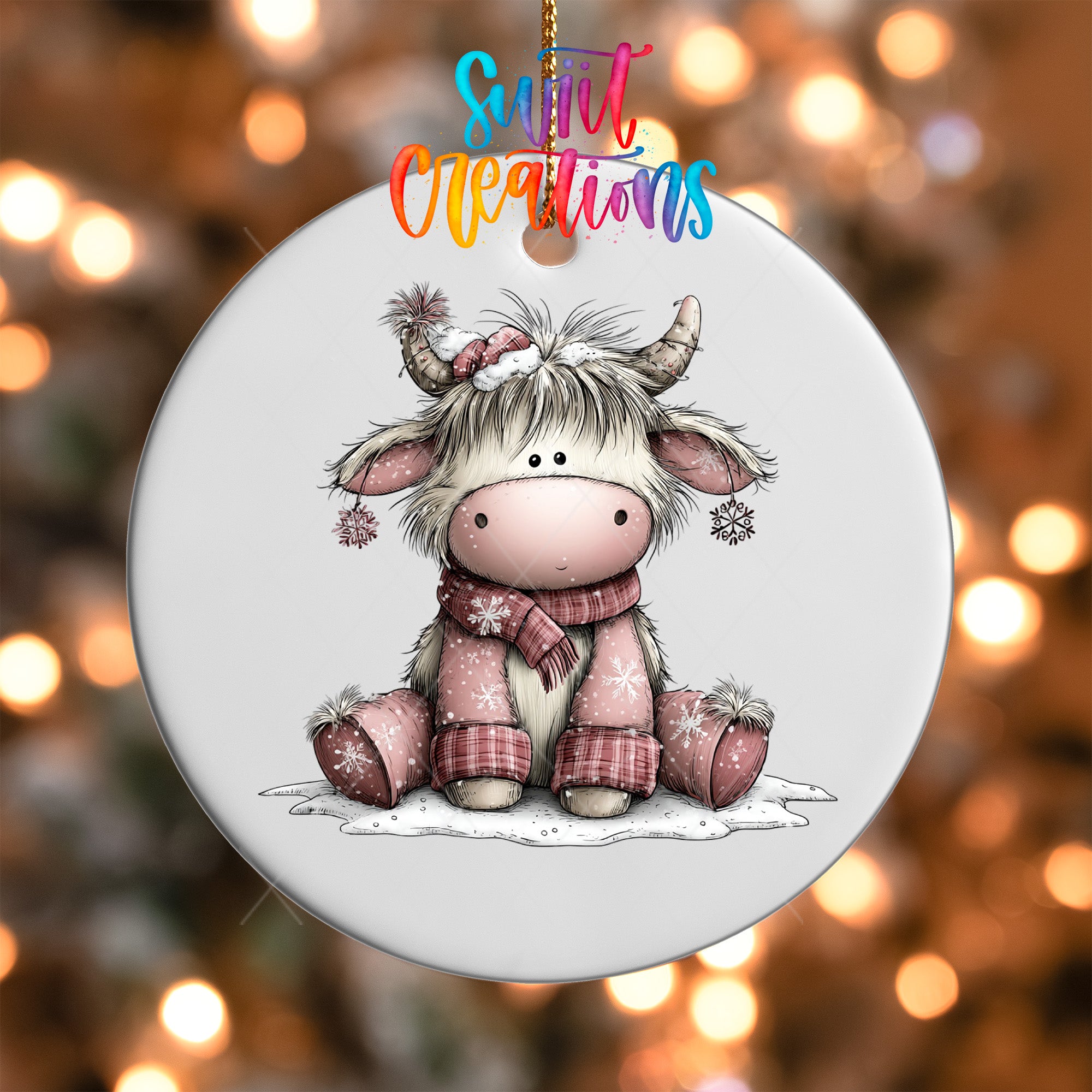 Close-up of pink Christmas Highland cow transfer on a round ornament