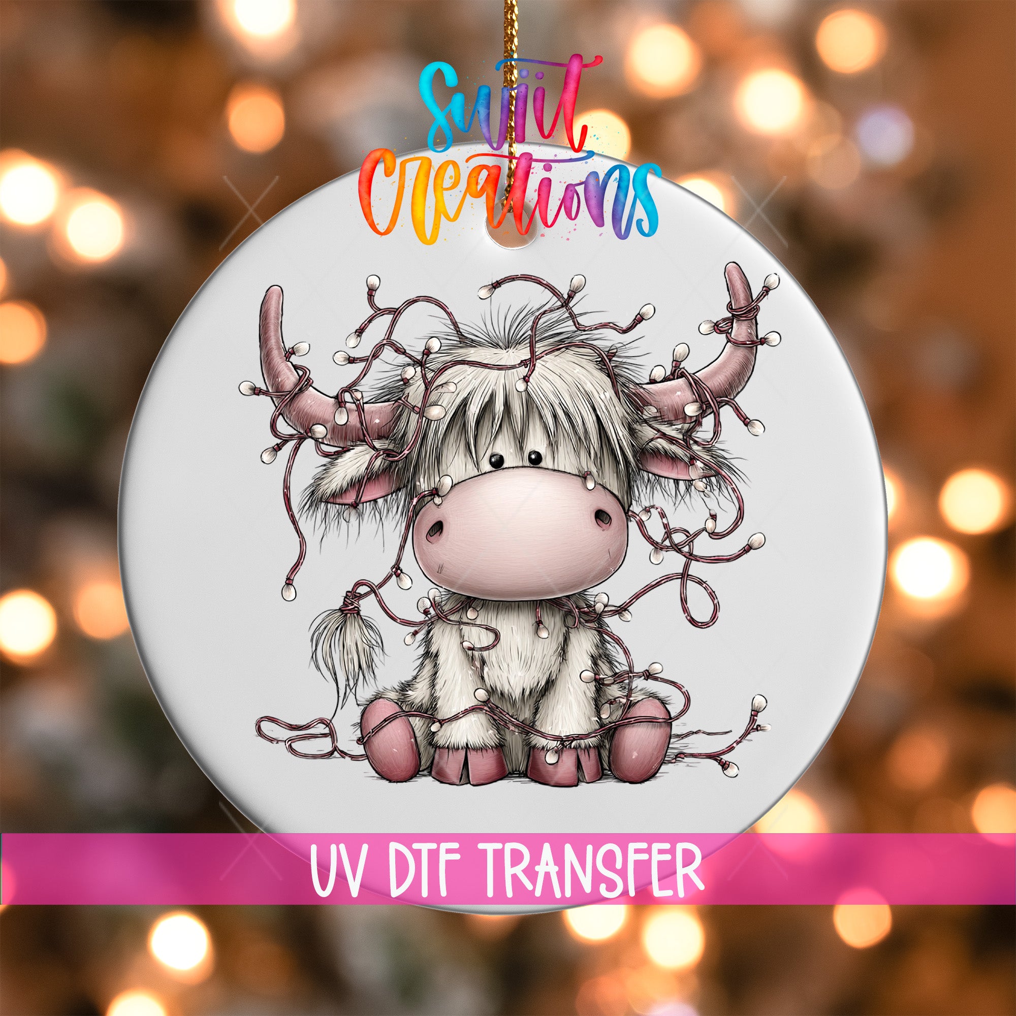 Christmas Highland cow UV DTF transfer tangled in festive string lights