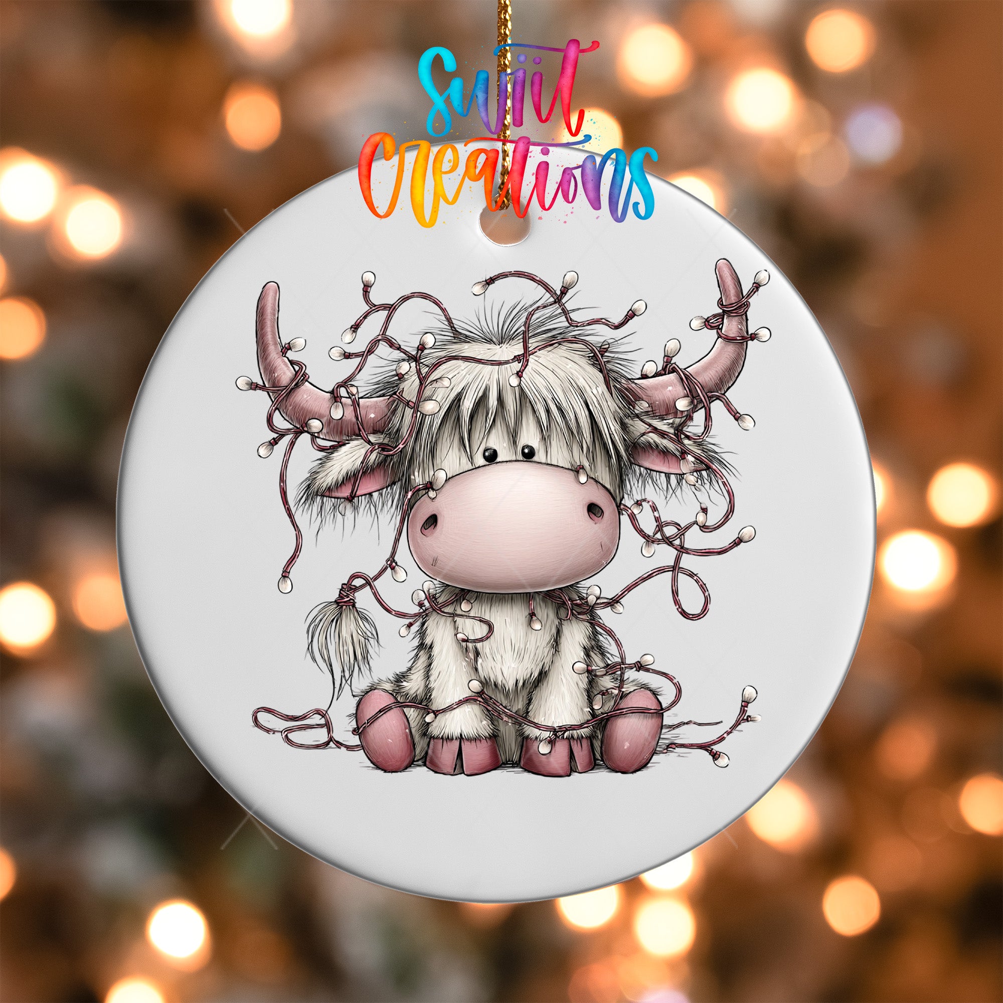 Pink and gray Christmas Highland cow transfer with glowing lights