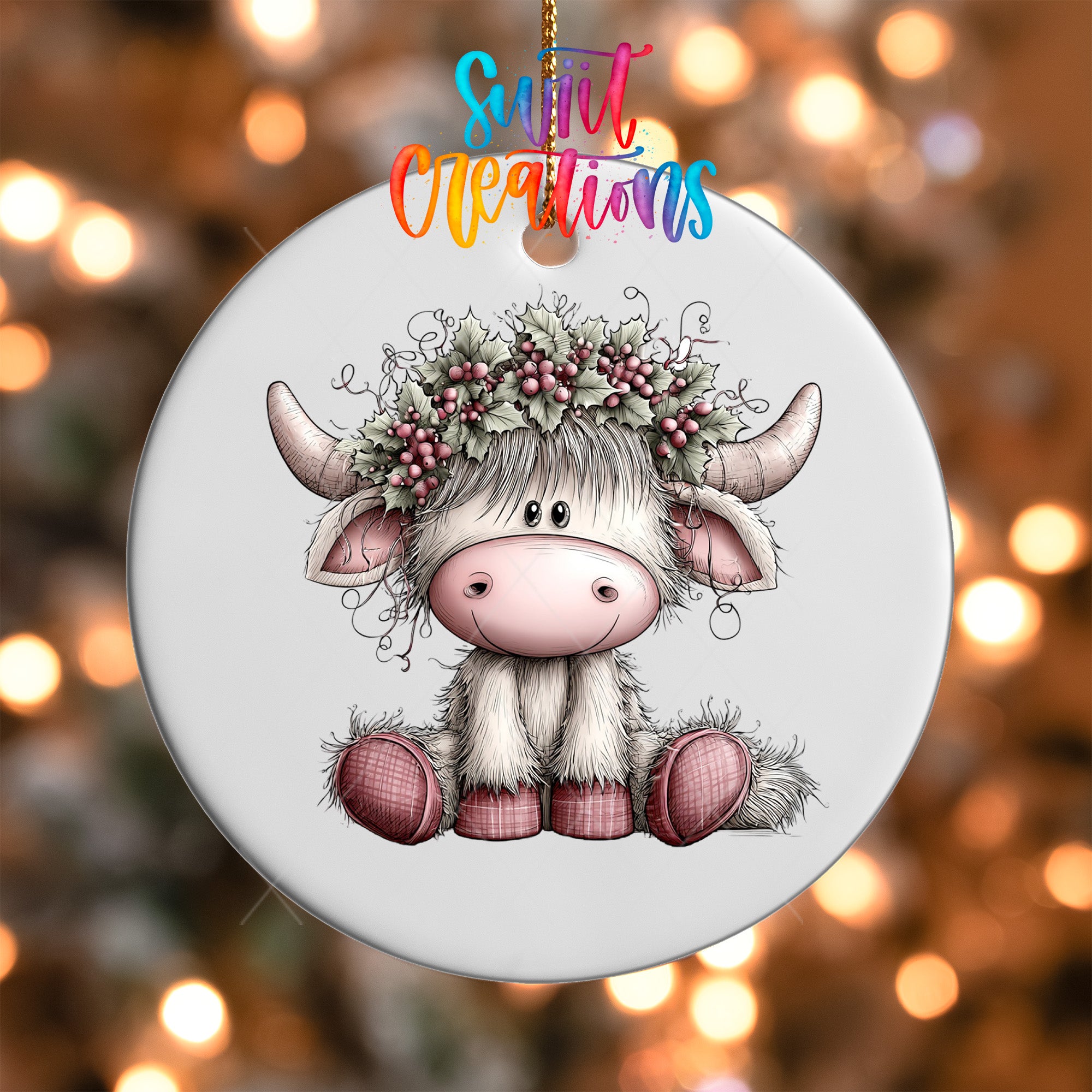 Pink and gray Christmas Highland cow transfer with holly crown