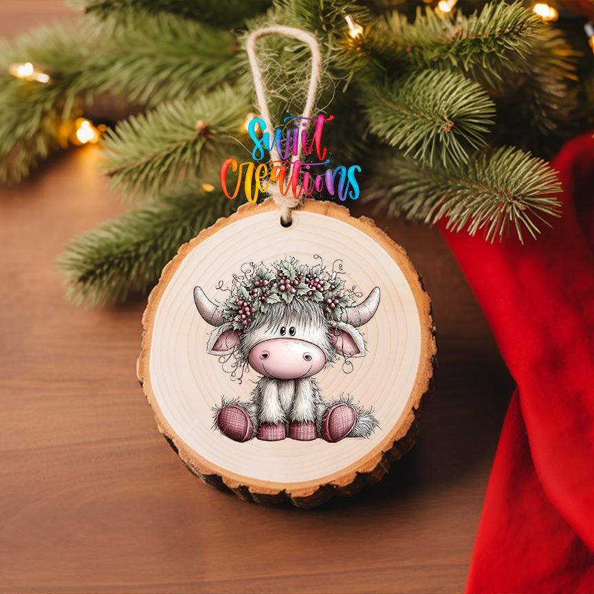 Christmas Highland cow holly UV DTF transfer shown on a wood slice ornament