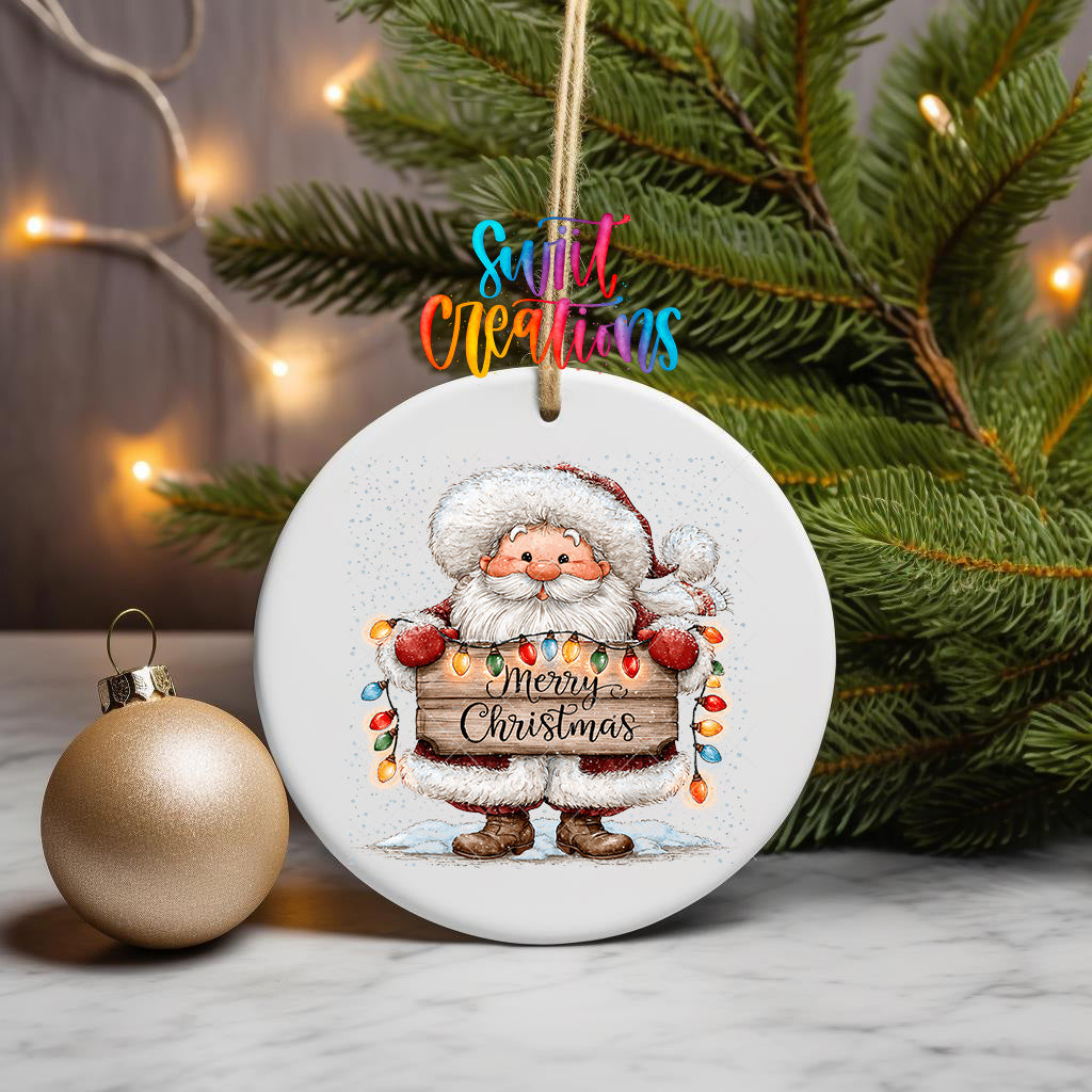 Merry Christmas Santa ornament UV DTF transfer with colorful holiday lights, mockup view 3