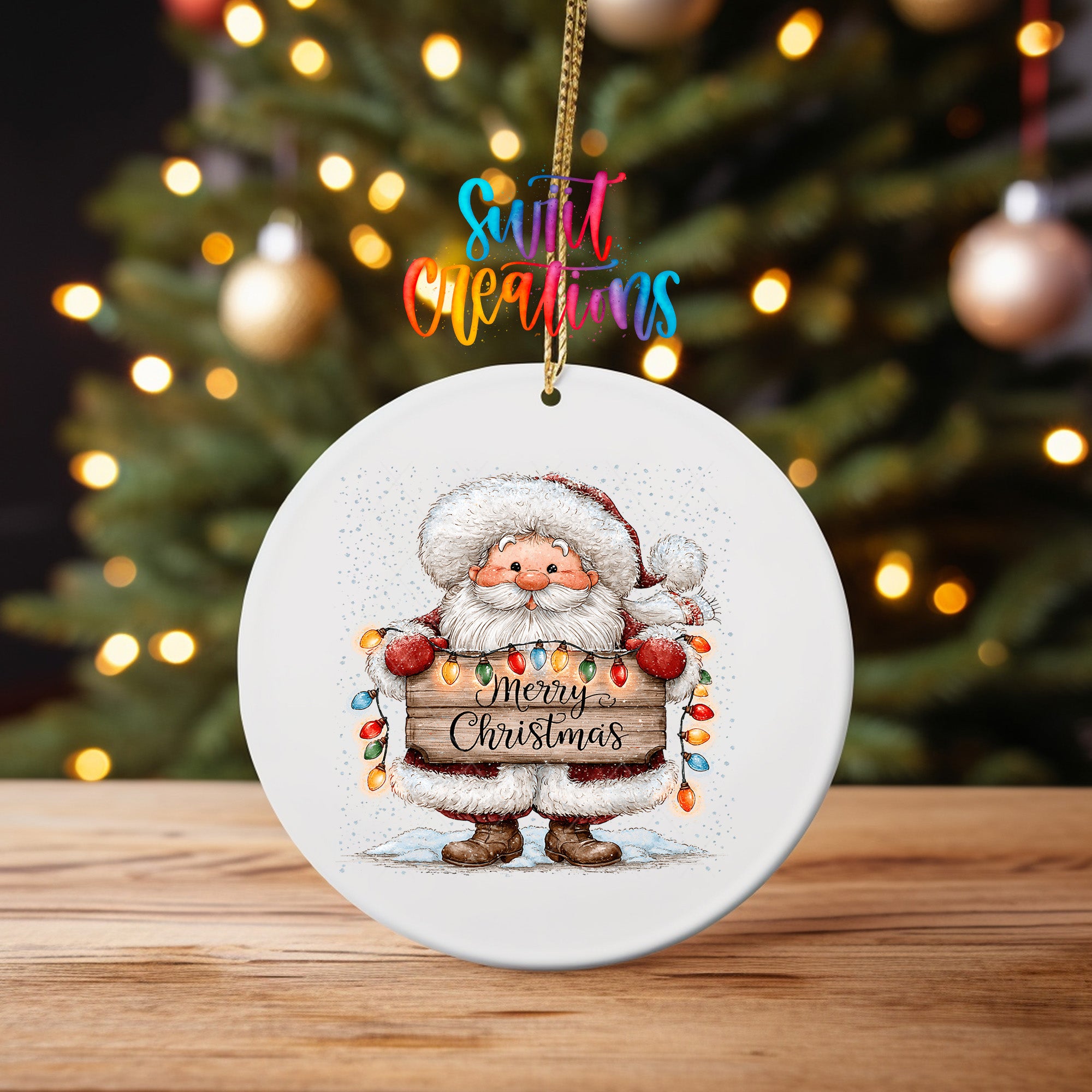 Merry Christmas Santa ornament UV DTF transfer with colorful holiday lights, mockup view 4