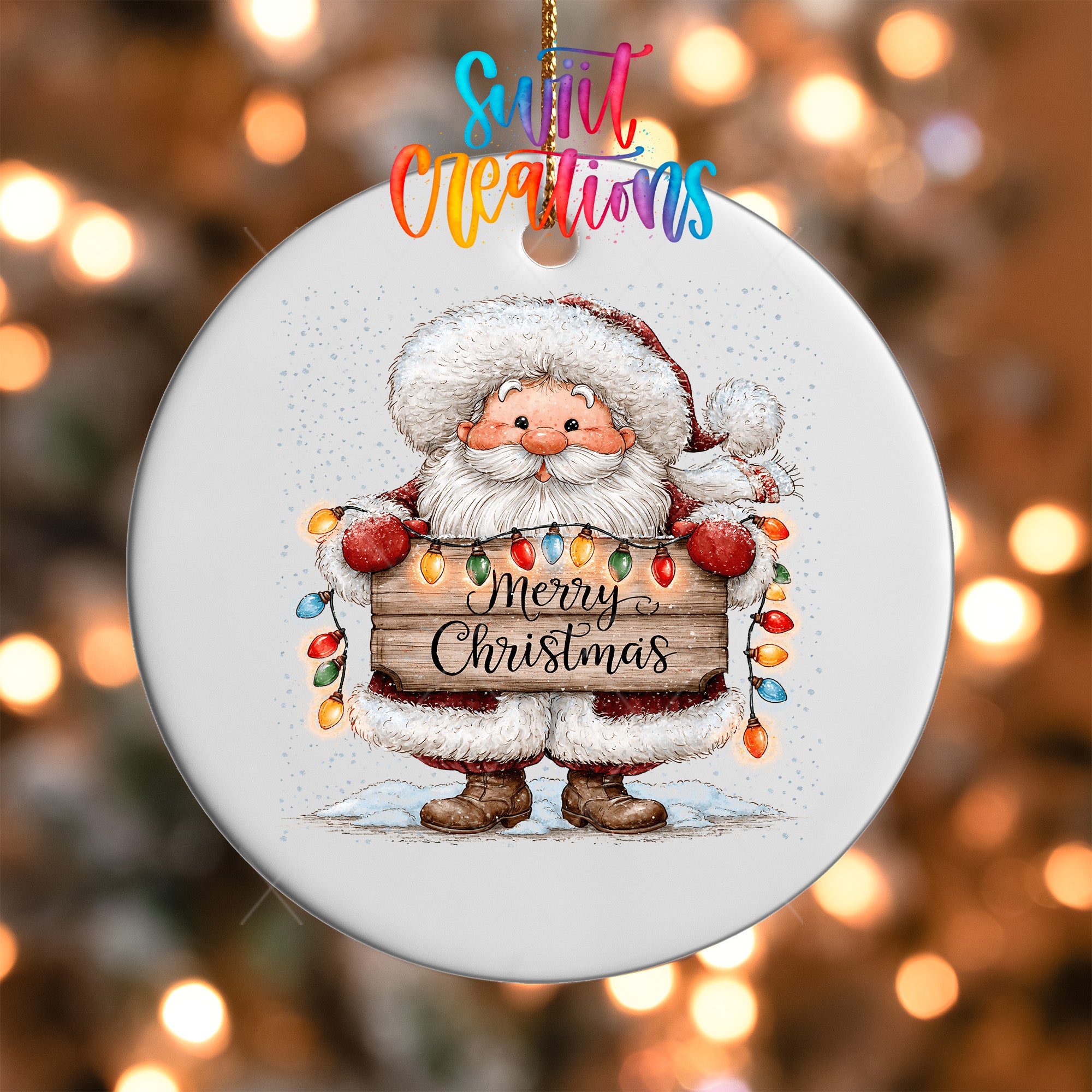 Merry Christmas Santa ornament UV DTF transfer with colorful holiday lights, mockup view 5