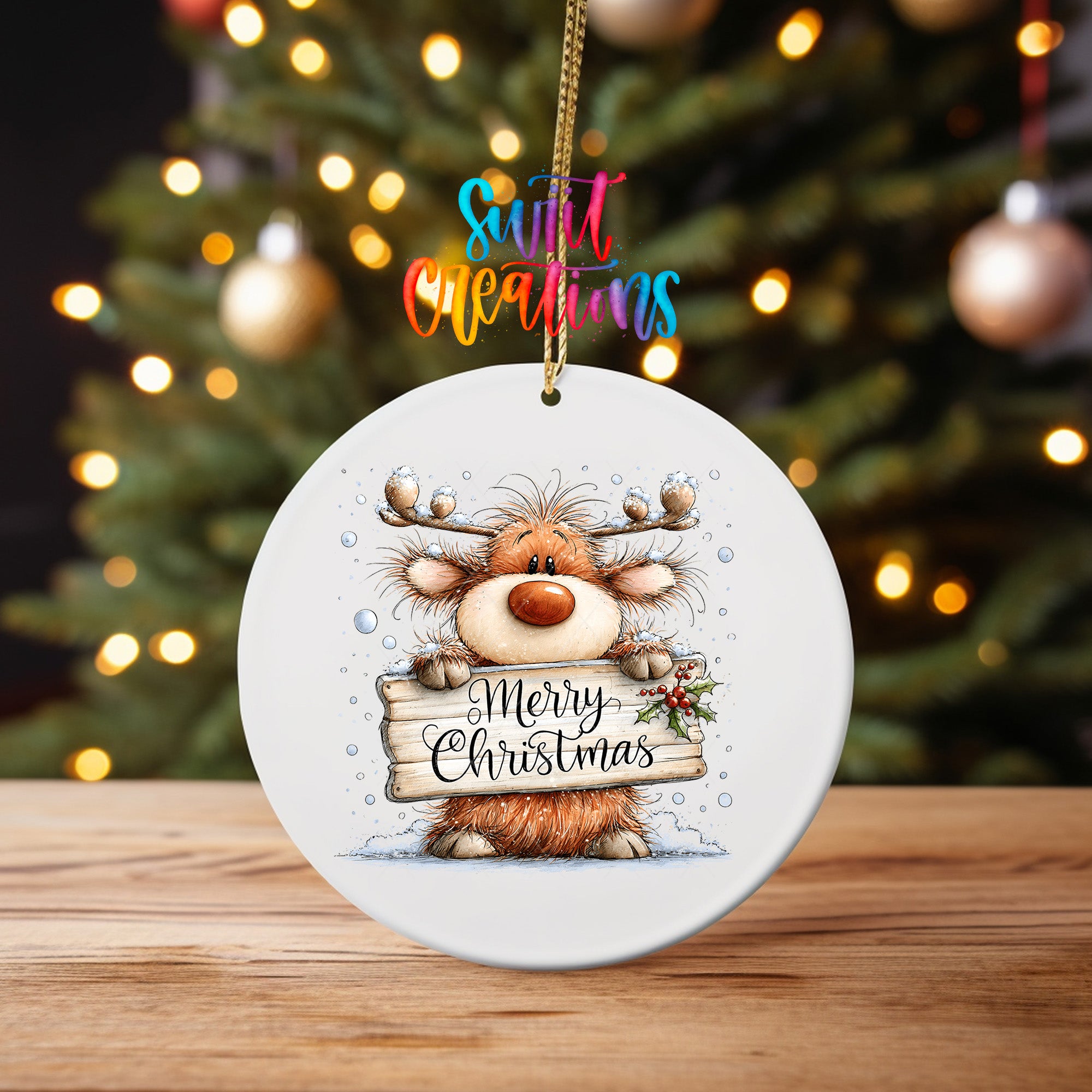 Merry Christmas shaggy orange reindeer ornament UV DTF transfer with holly sign, mockup view 4