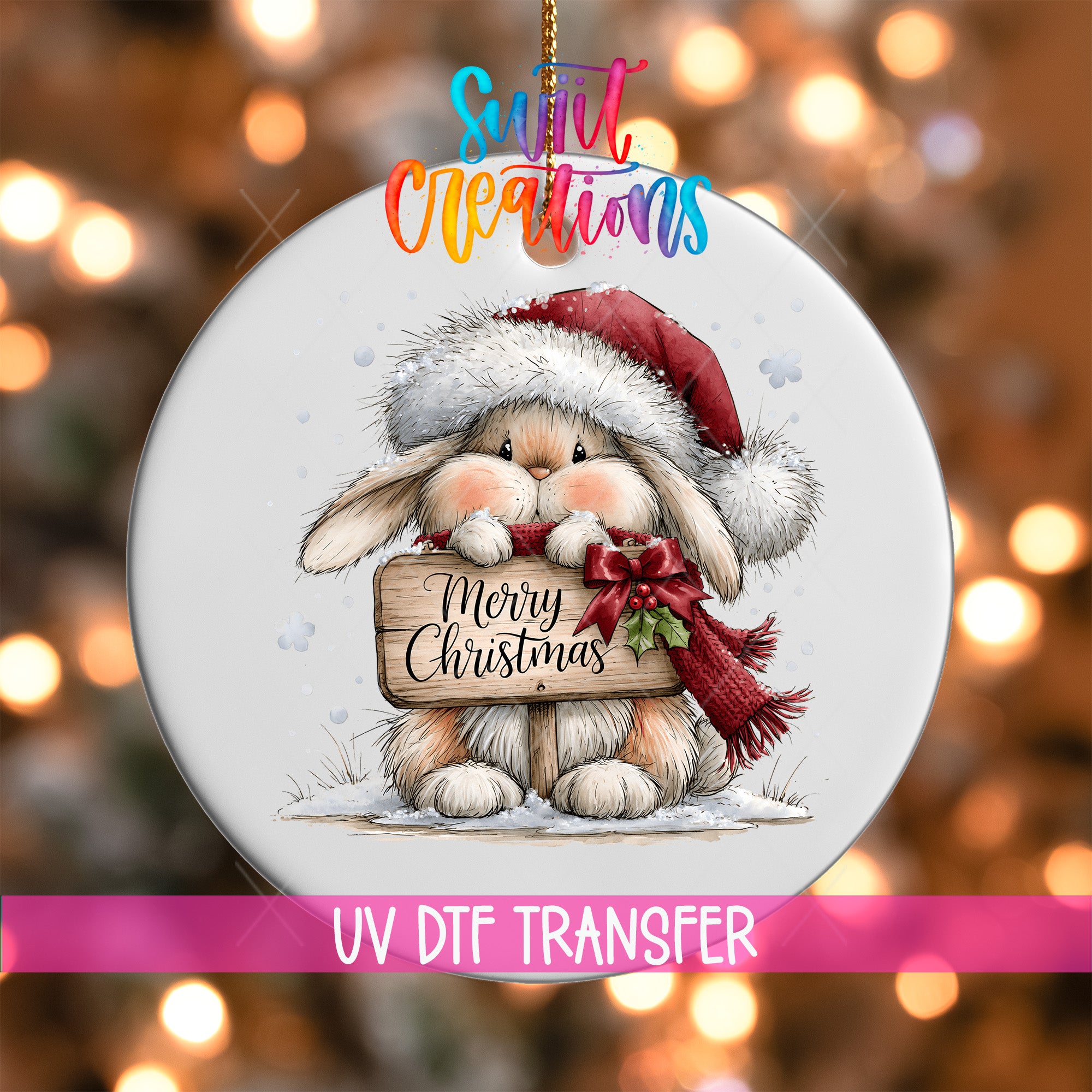 Merry Christmas bunny ornament UV DTF transfer with Santa hat, scarf, holly, and rustic sign, mockup view 1