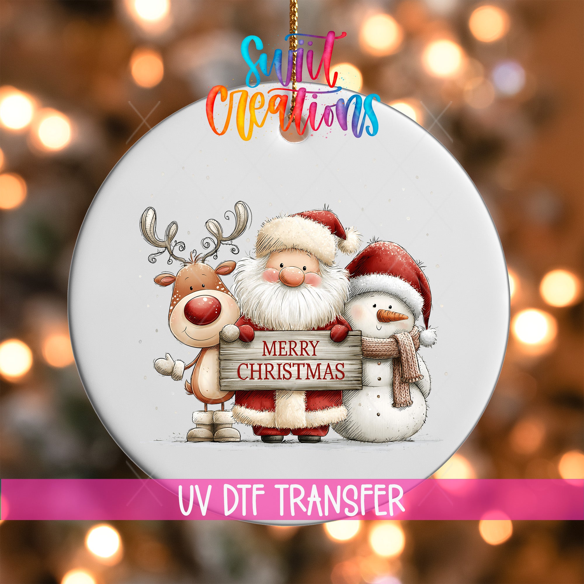 Santa reindeer and snowman ornament UV DTF transfer with Merry Christmas wood sign, mockup view 1