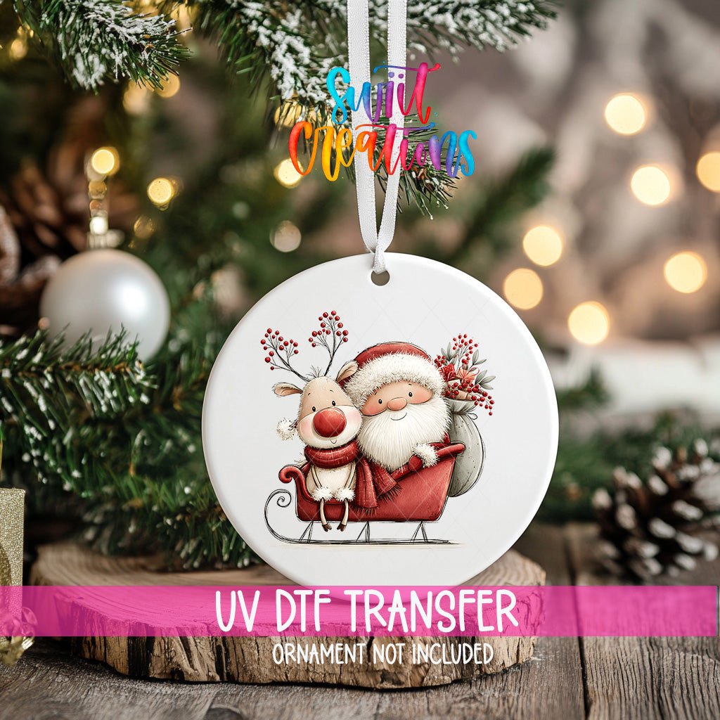 Santa and reindeer sleigh ornament UV DTF transfer with gifts and red berries, mockup view 2